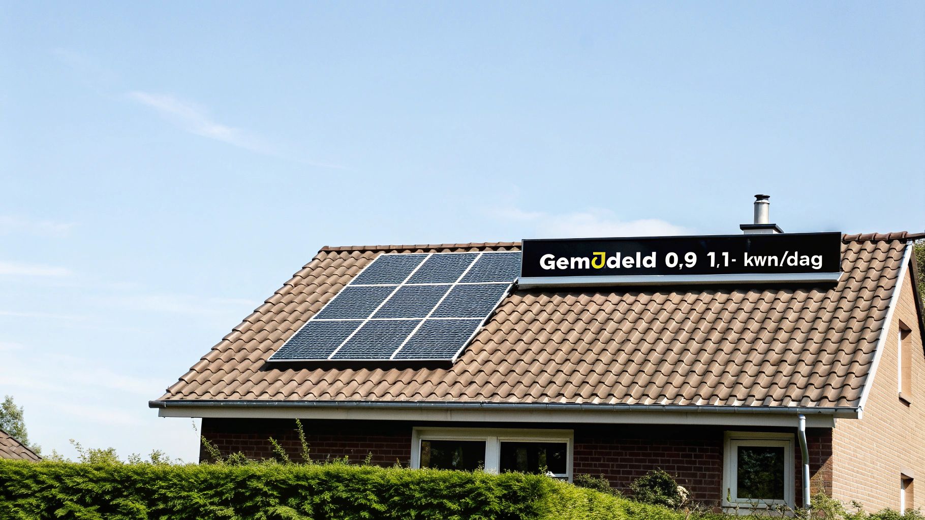 Huis met zonnepanelen op het dak en een bordje dat de gemiddelde dagelijkse kWh-opbrengst toont.
