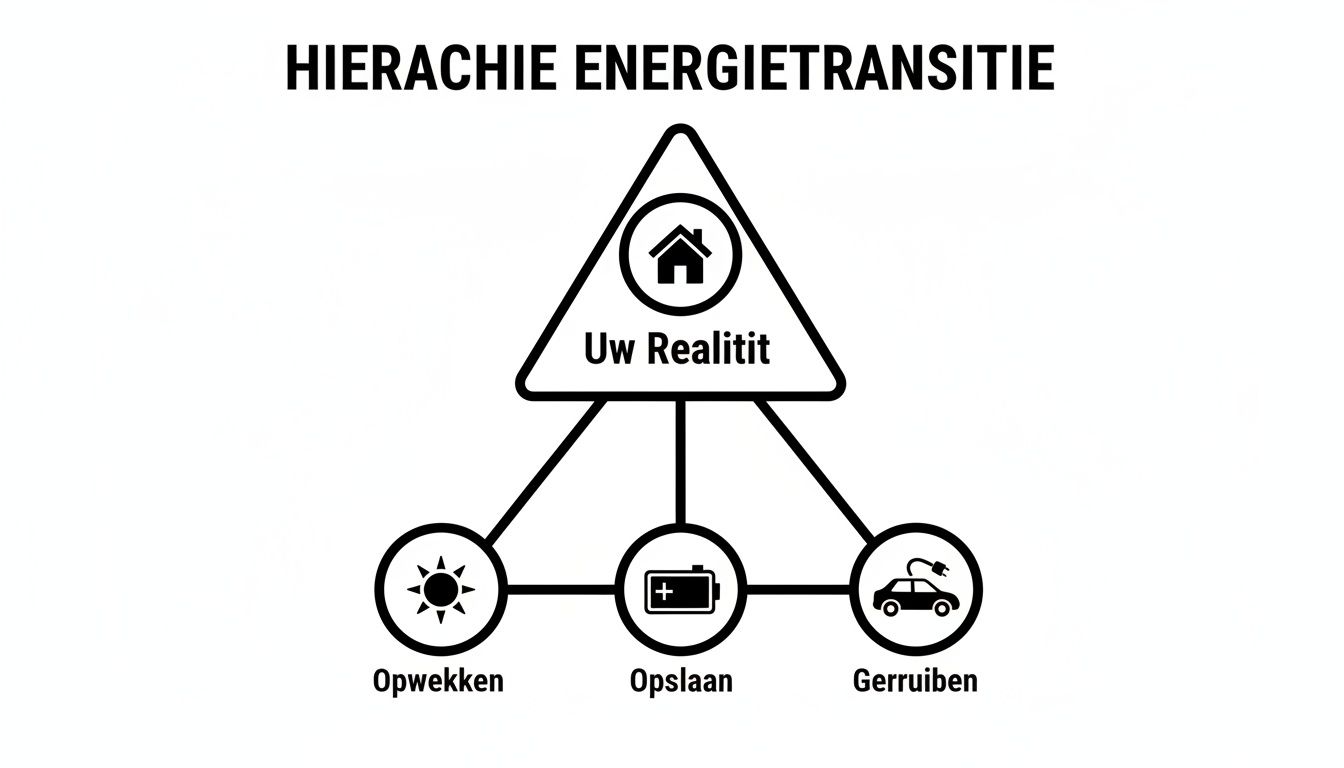 Diagram over de hiërarchie van energietransitie met opwekken, opslaan en gebruiken van energie.