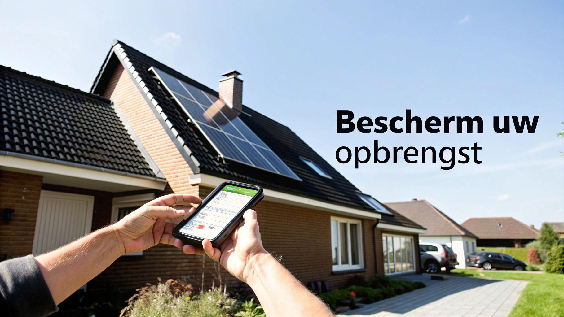 Handen houden een smartphone vast met daarop zonnepanelen data, voor een huis met zonnepanelen. Tekst: 'Bescherm uw opbrengst'.
