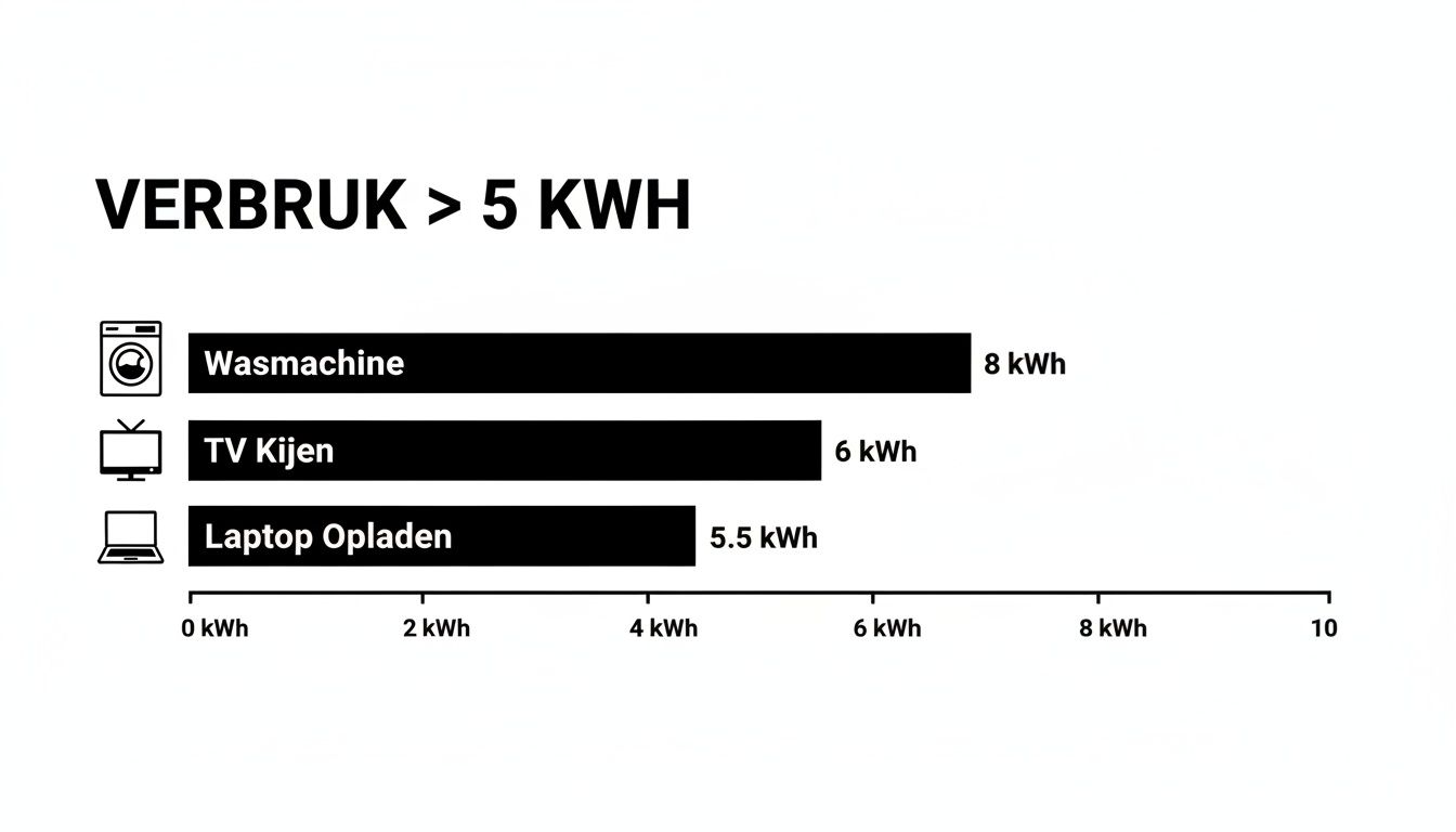 Staafdiagram toont energieverbruik van een wasmachine (8 kWh), tv kijken (6 kWh) en laptop opladen (5,5 kWh).
