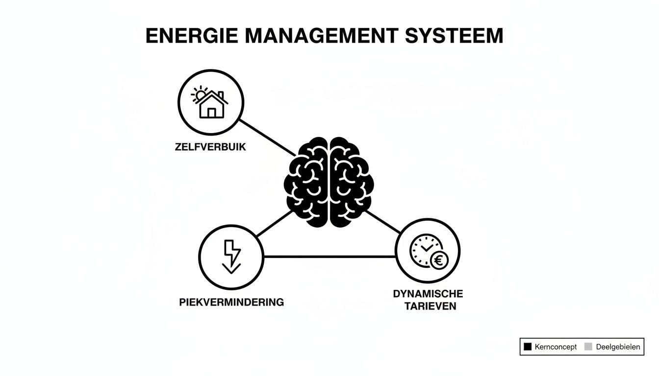 Diagram van een energie management systeem met een centraal brein verbonden met zelfverbruik, piekvermindering en dynamische tarieven.