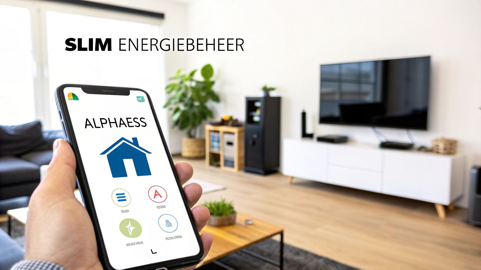 Persoon houdt smartphone vast met 'ALPHAESS' app voor slim energiebeheer in een modern huis.