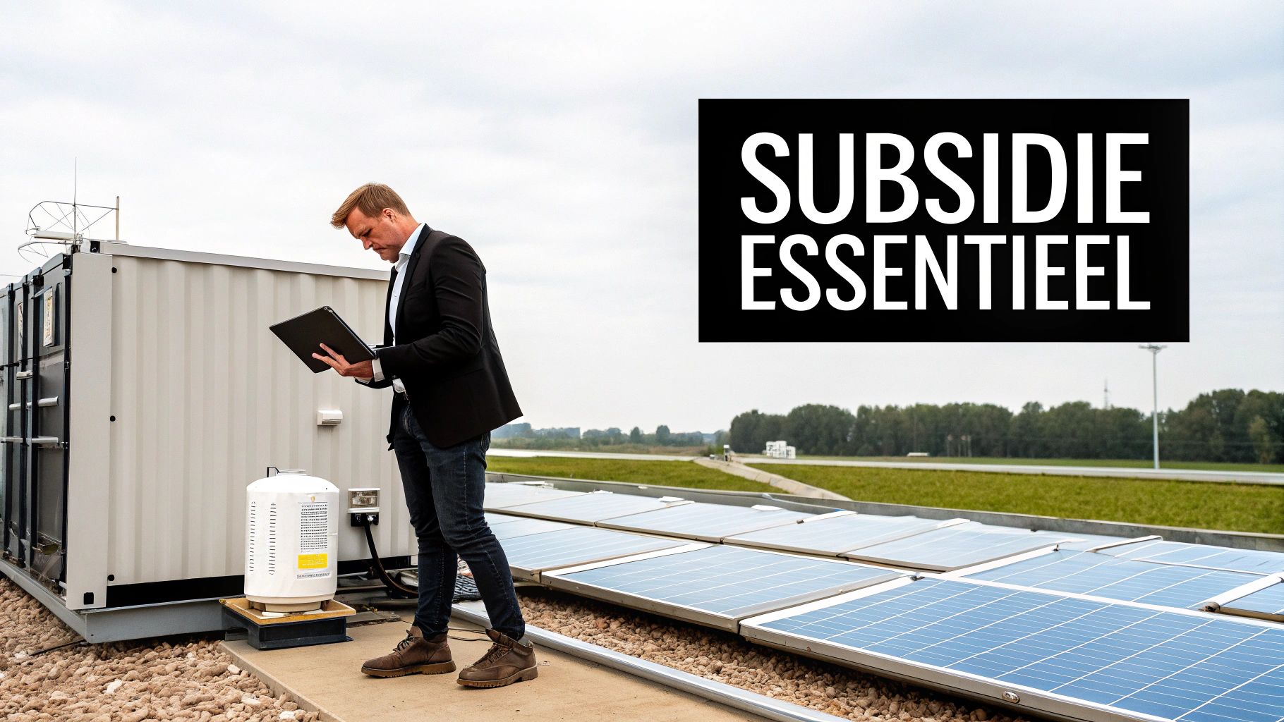 Man inspecteert zonnepanelen en energieopslag met tablet, met overlaytekst 'SUBSIDIE ESSENTIEEL'.