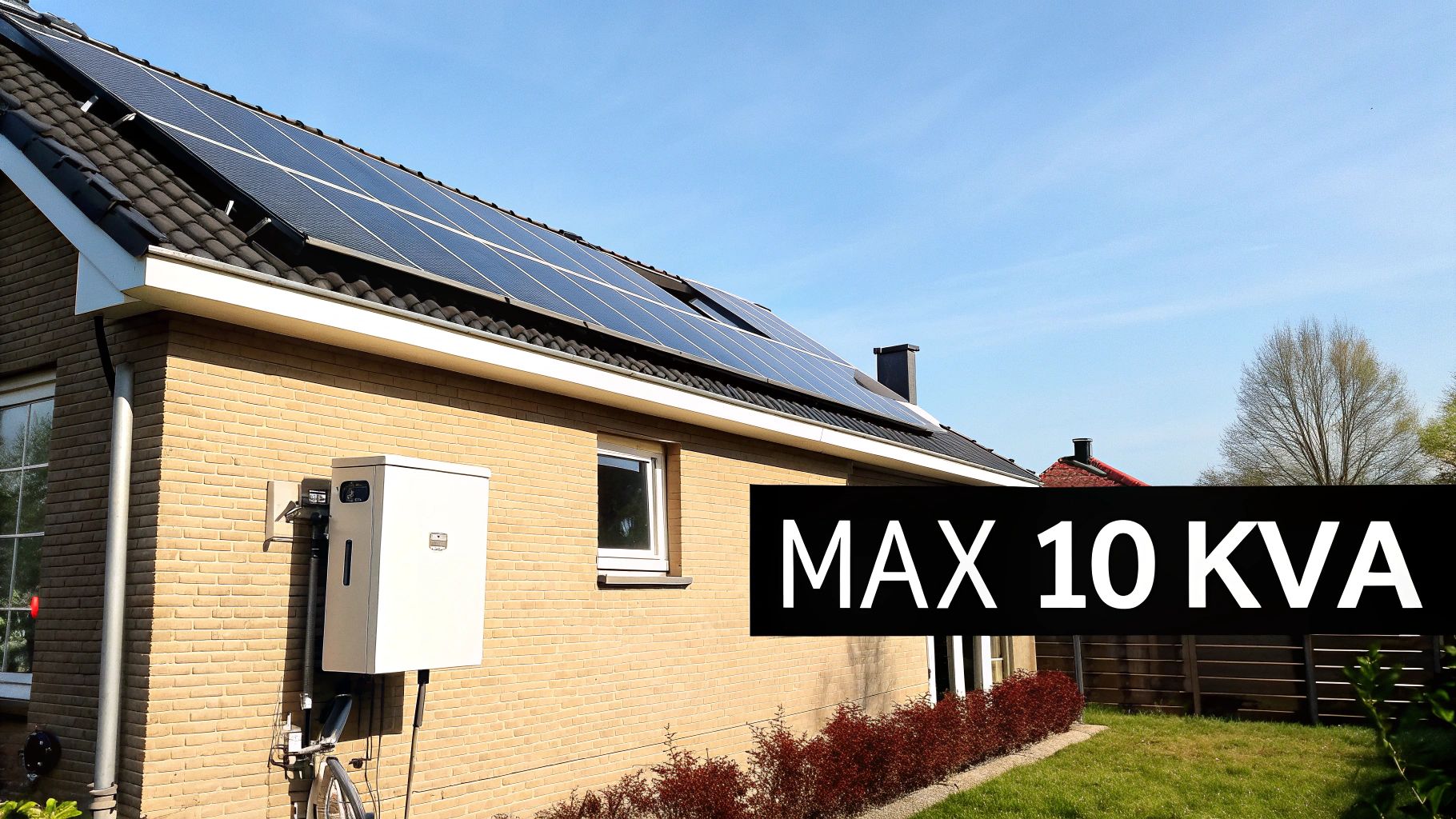 Woning met zonnepanelen op het dak en een wit omvormersysteem aan de gevel. Tekstoverlay: MAX 10 KVA.