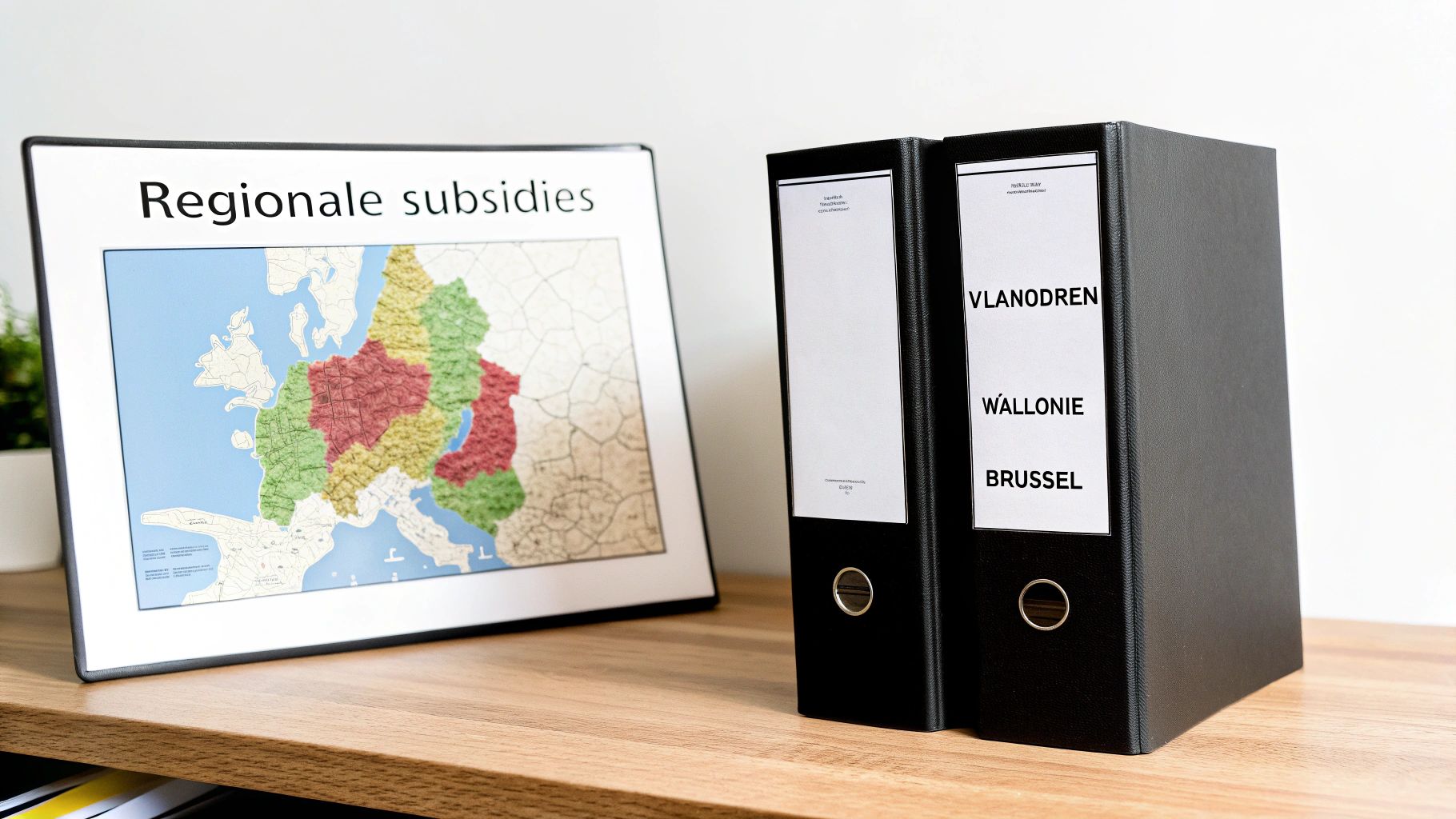 Een ingelijste kaart van Europa met 'Regionale subsidies' en twee zwarte mappen met labels voor Vlaanderen, Wallonië en Brussel op een houten bureau.
