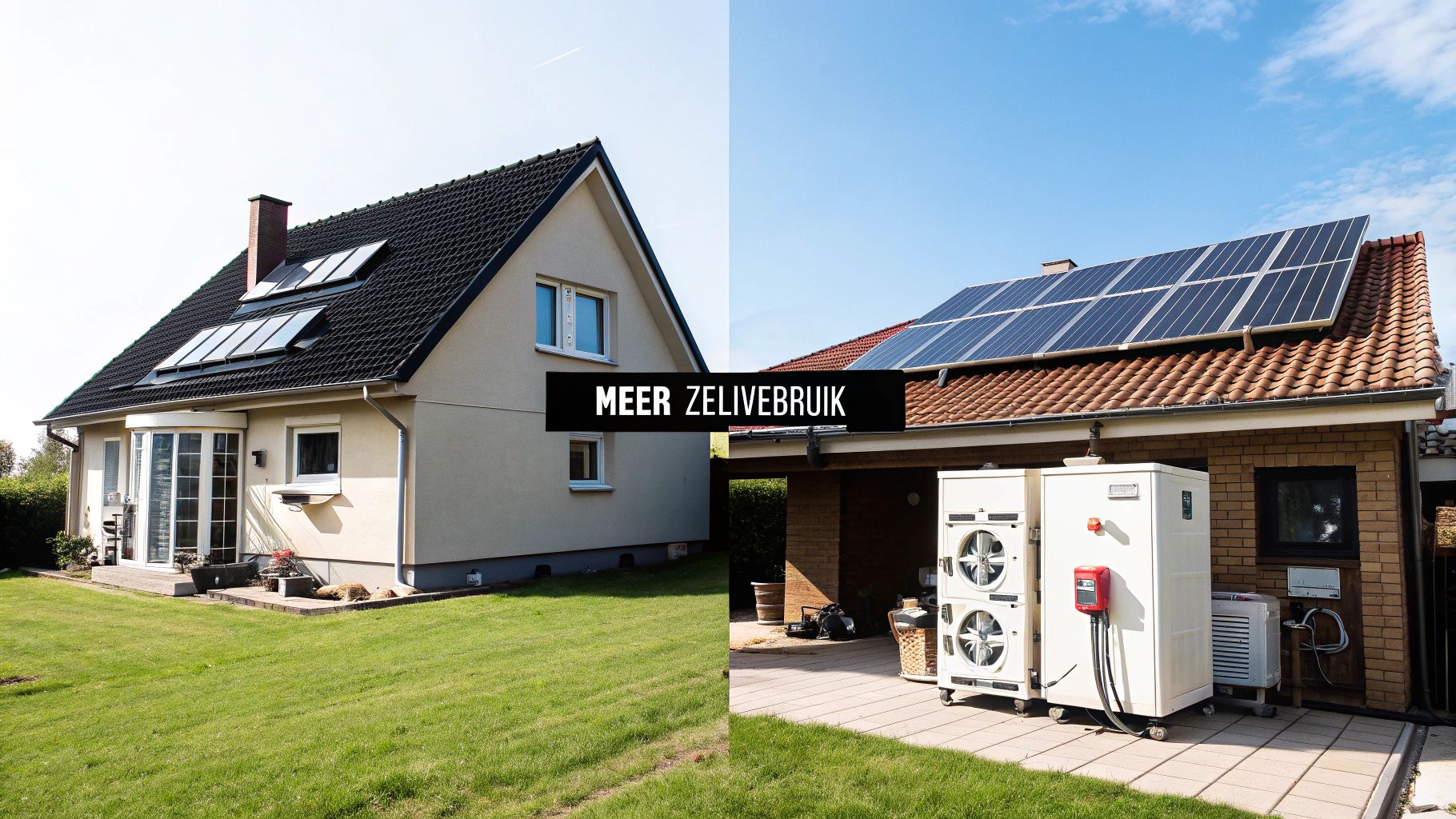 Een gesplitste afbeelding van twee huizen; één met dakramen en de andere met zonnepanelen en buiteninstallatie, met de tekst 'MEER ZELFGEBRUIK'.
