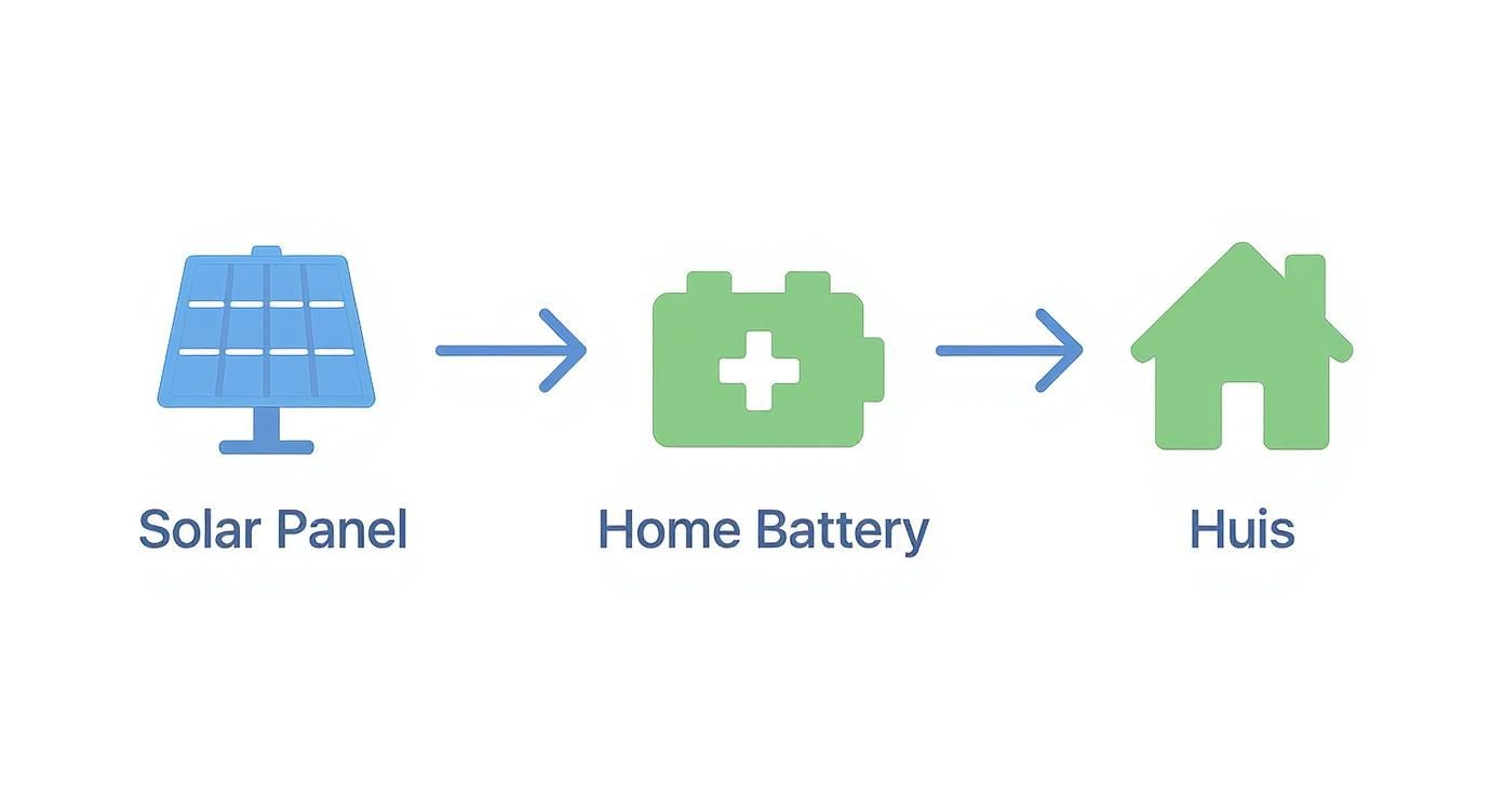 Diagram van een zonnepaneel dat energie opslaat in een thuisbatterij voor gebruik in een huis.