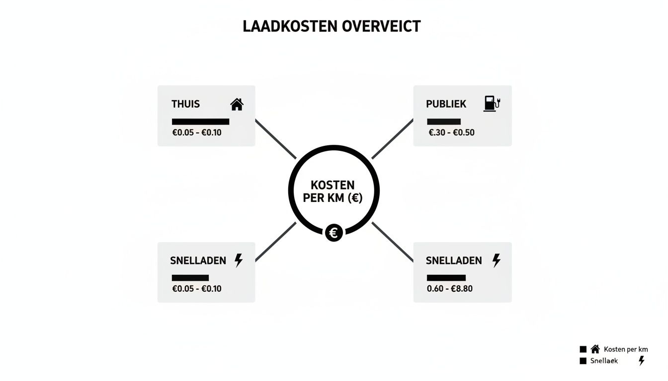 Overzicht van laadkosten per kilometer voor elektrische wagens, inclusief thuis, publiek en snelladen.