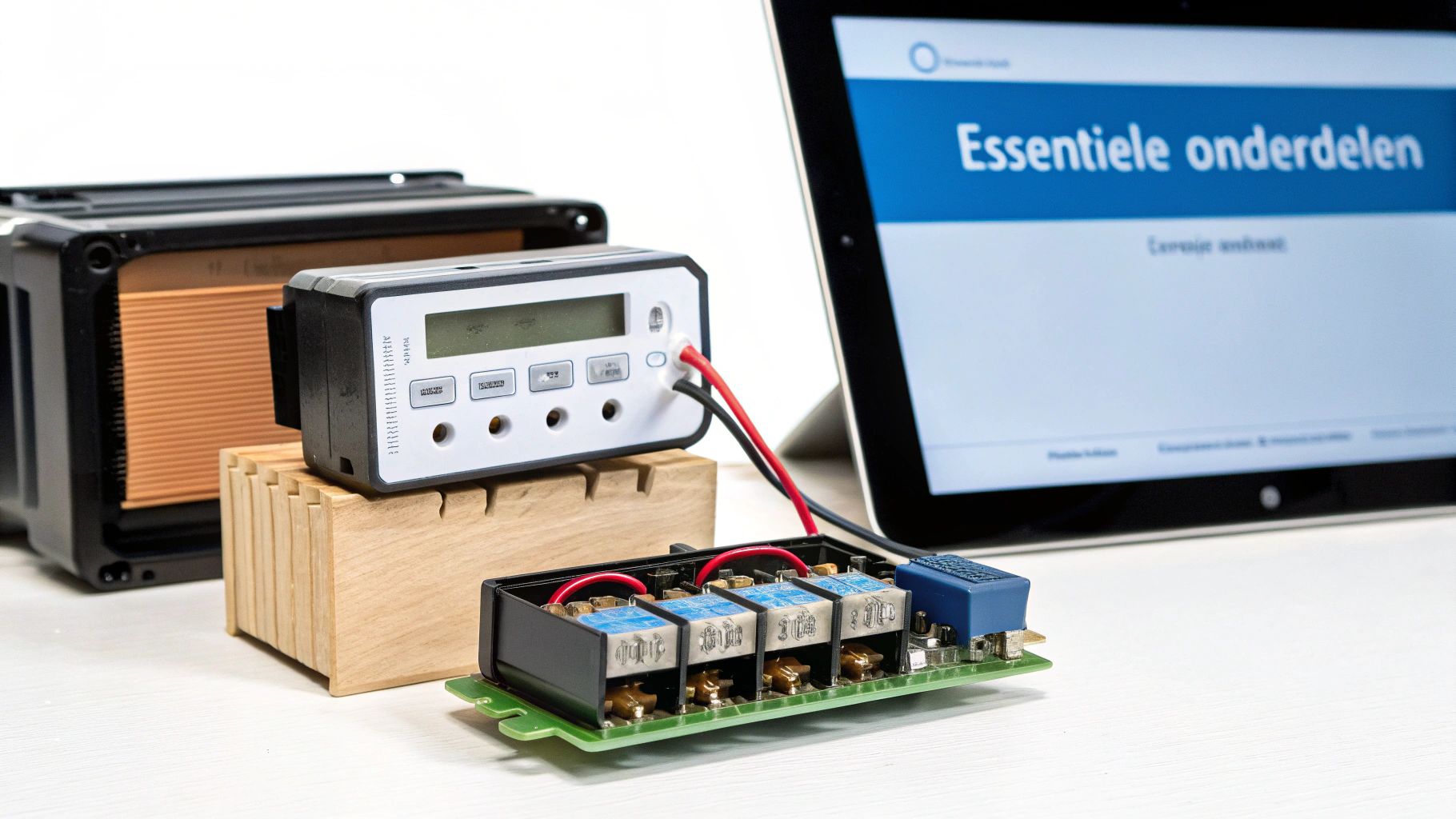 Elektronische componenten, een meter, een printplaat en een tablet met 'Essentiële onderdelen' op een witte achtergrond.