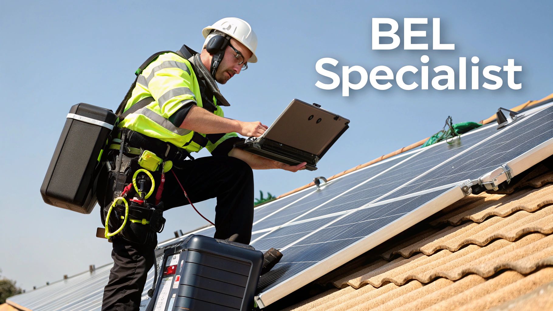 Technicus met veiligheidsuitrusting inspecteert zonnepanelen op een pannendak met laptop onder een blauwe lucht.