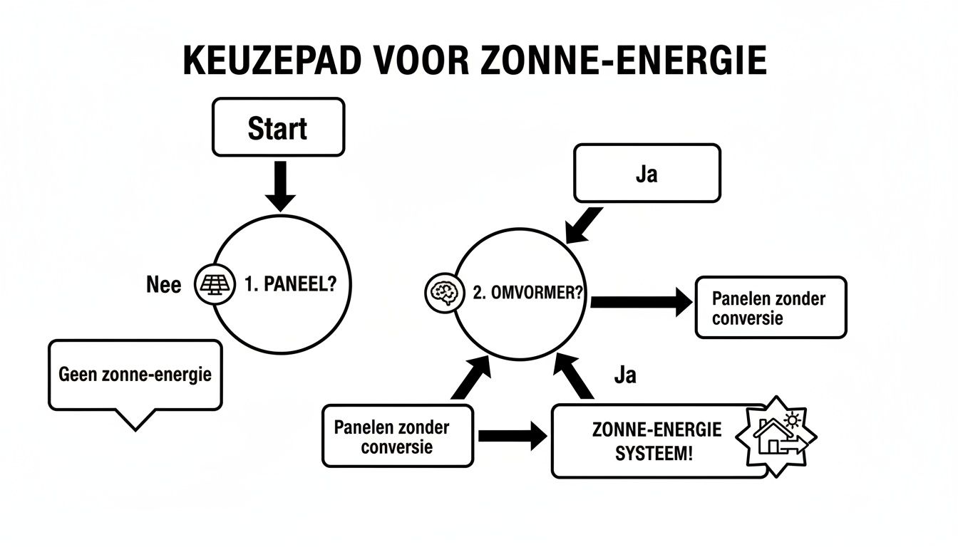 Flowchart over het keuzepad voor zonne-energie, beginnend met panelen en vervolgens de omvormer.