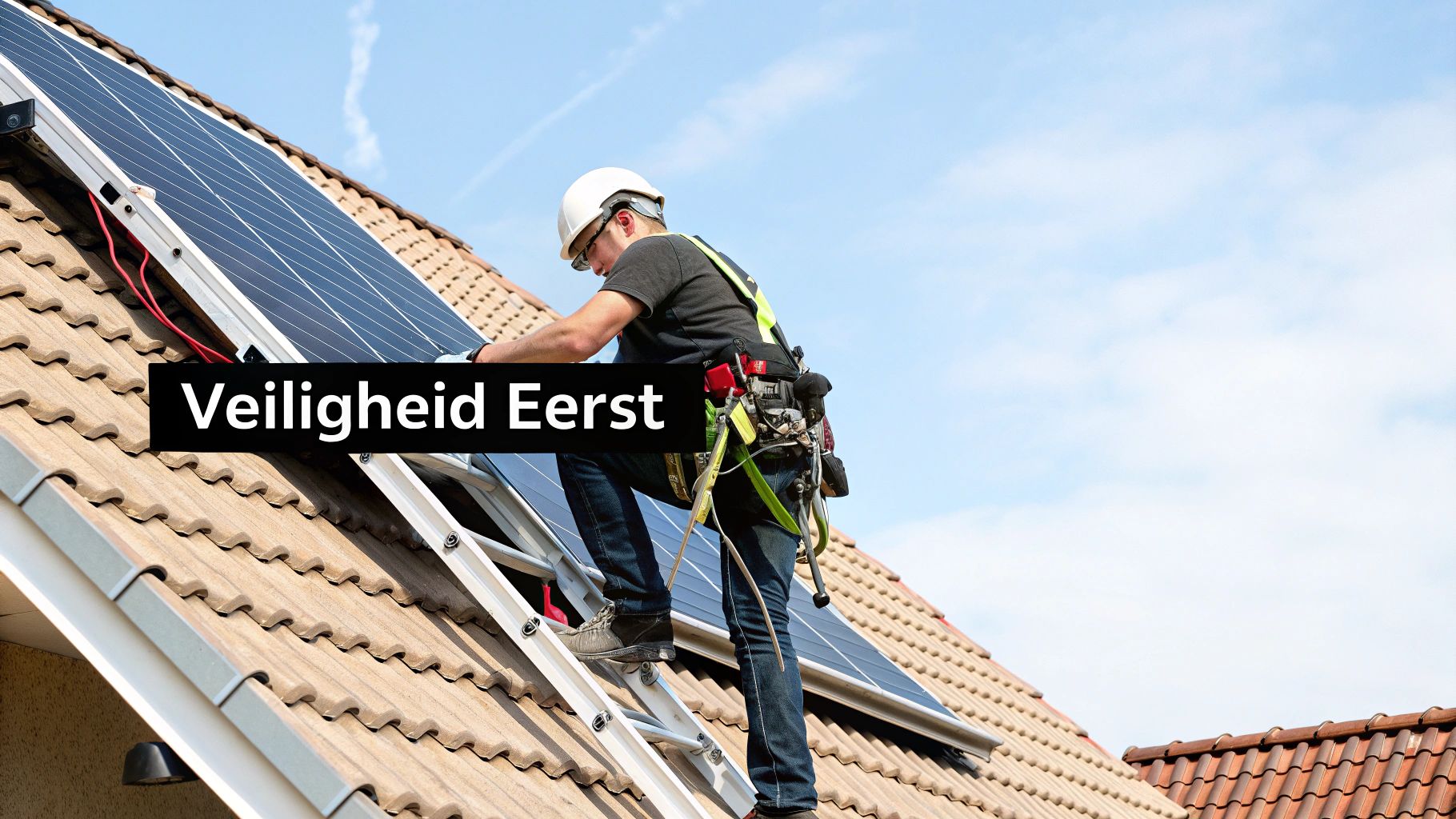 Installateur met veiligheidsharnas plaatst zonnepanelen op een dak, ladder en blauwe lucht zichtbaar. Tekst: Veiligheid Eerst.
