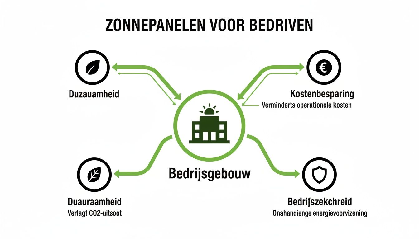 Infographic over zonnepanelen voor bedrijven, met voordelen zoals duurzaamheid, kostenbesparing en bedrijfszekerheid voor een bedrijfsgebouw.