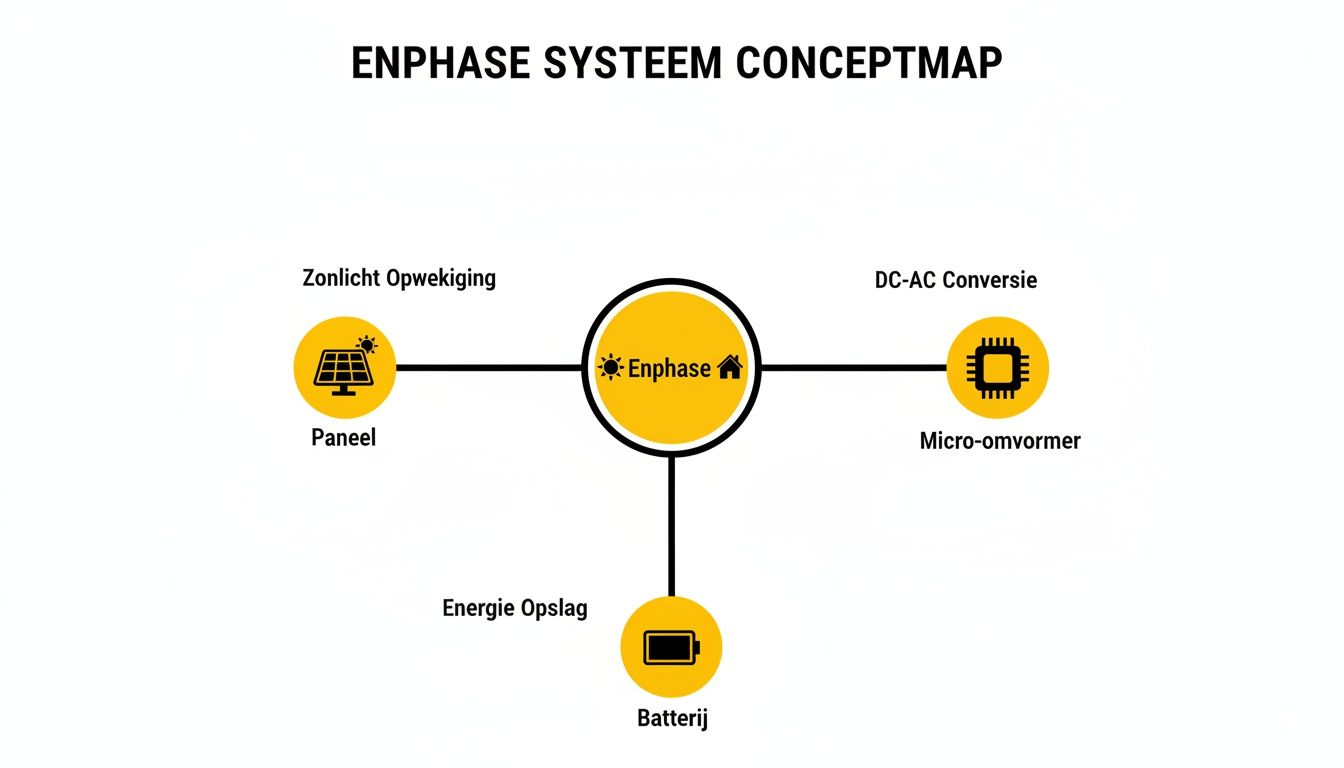 Conceptkaart van het Enphase-systeem met zonne-energieopwekking, opslag en DC-AC conversie.