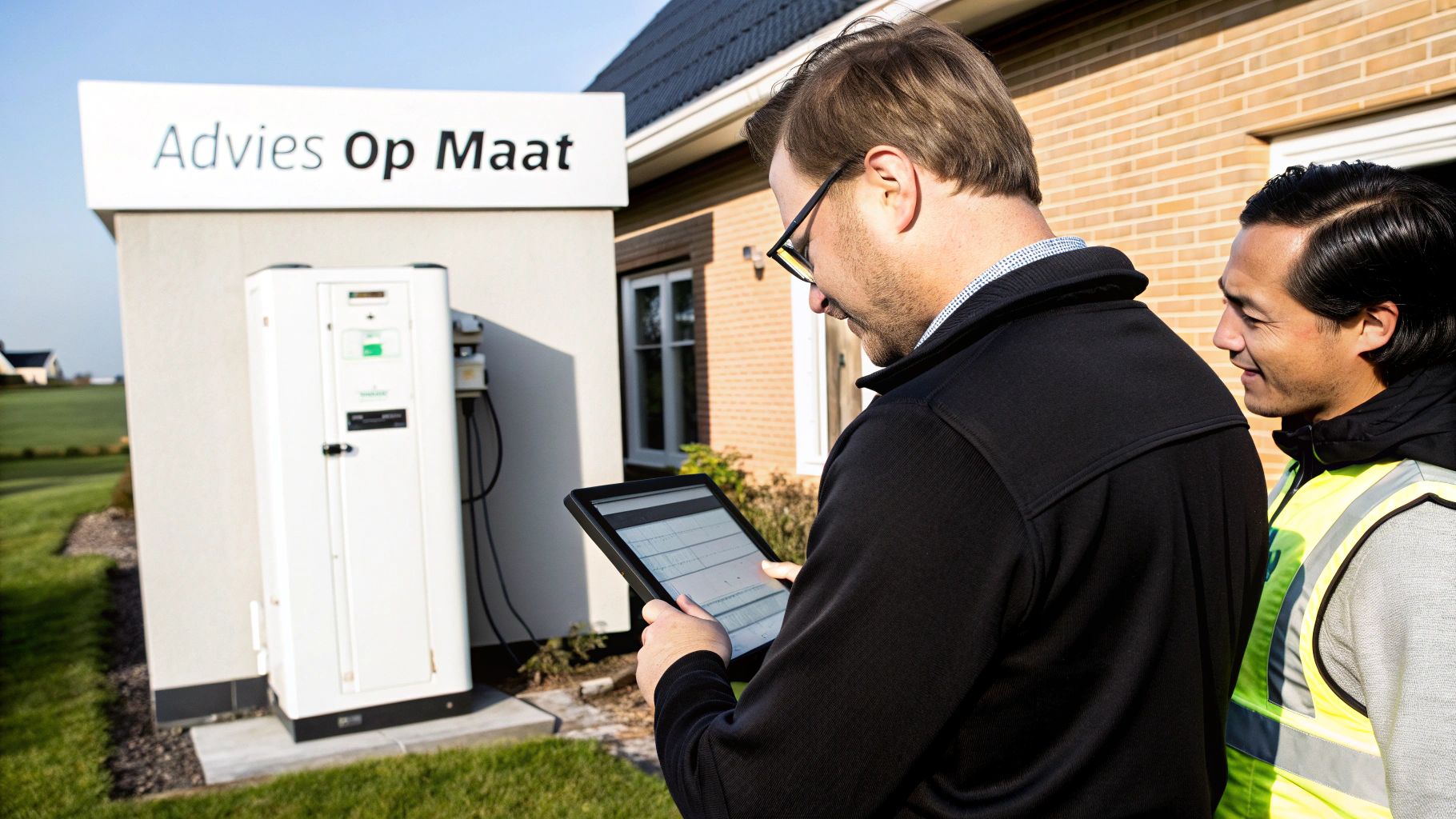 Twee mannen bekijken een tablet naast een energie-unit met 'Advies Op Maat' bord, voor een huis.