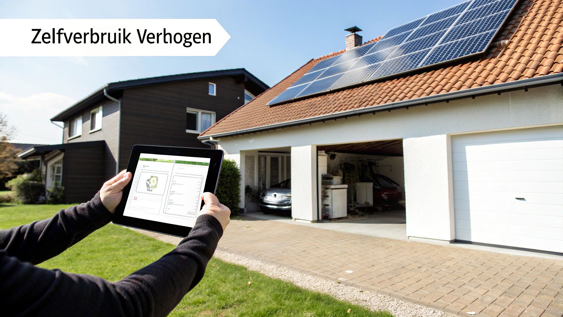 Persoon controleert energieverbruik via tablet bij huis met zonnepanelen op het dak.
