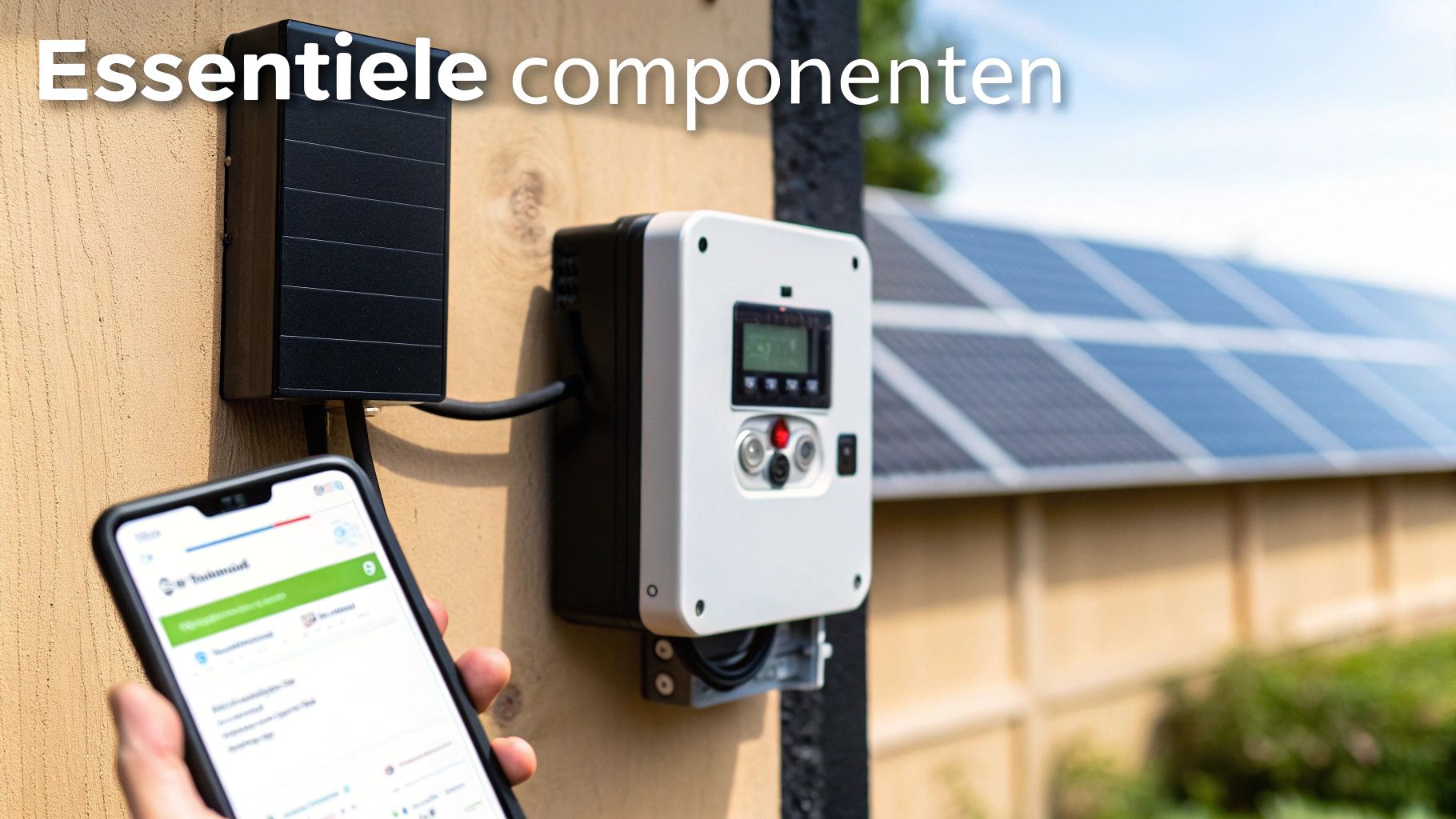 Hand met smartphone die een energiebeheersysteem en zonnepanelen toont. Essentiële componenten voor duurzame energie.