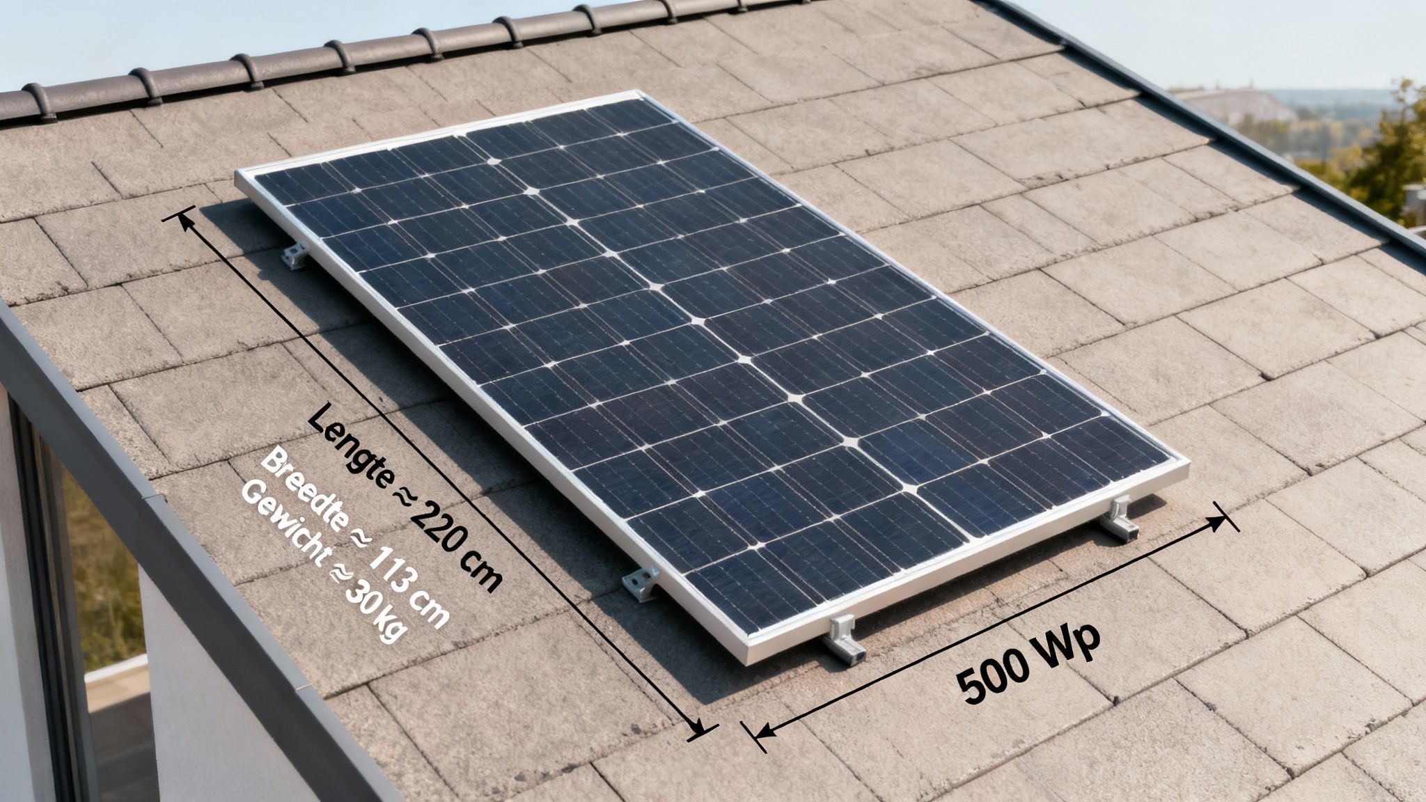 Zonnepaneel op een dak met afmetingen: 220 cm lengte, 113 cm breedte, 30 kg gewicht en 500 Wp.