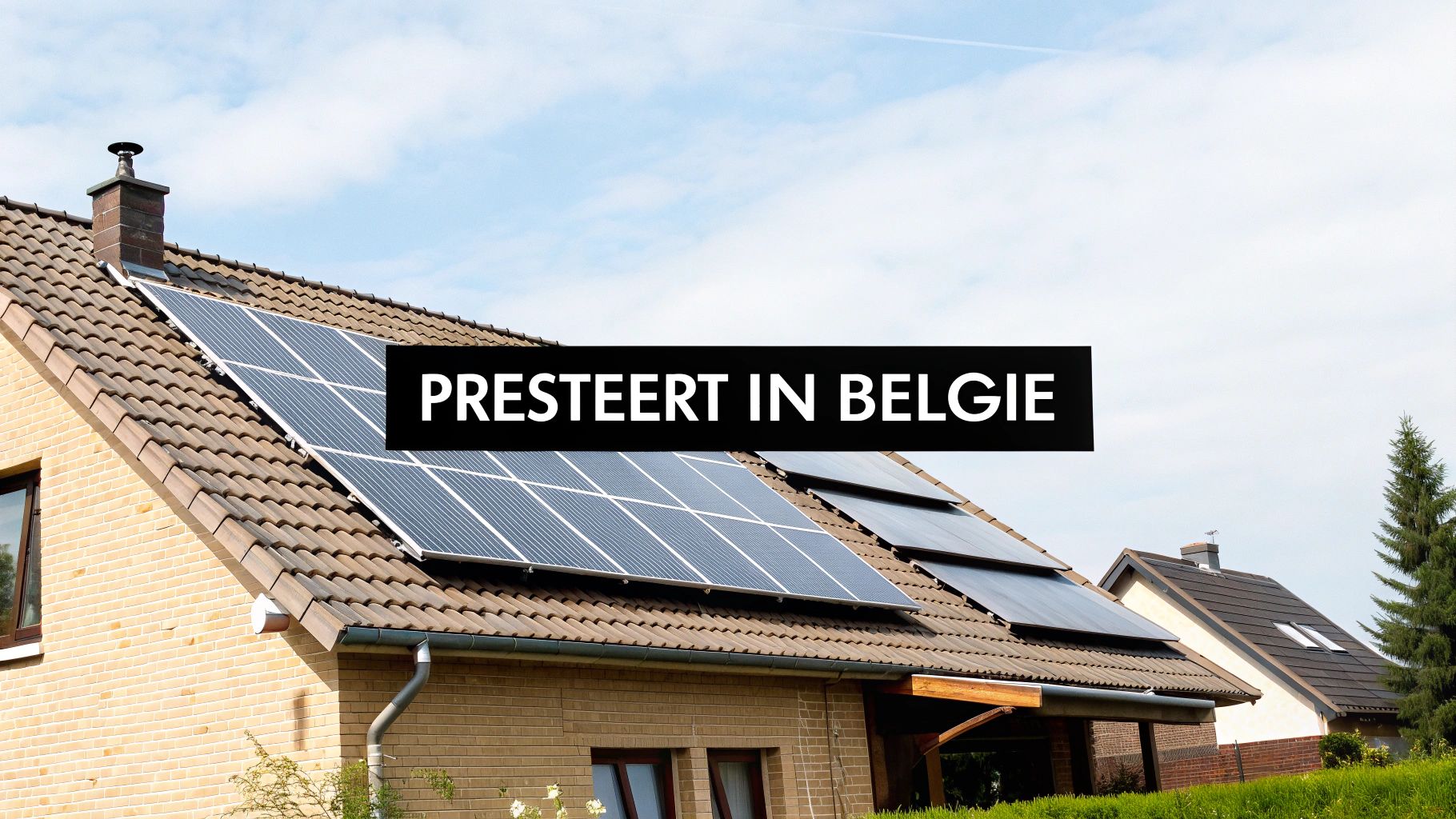 Huis met zonnepanelen op het dak onder een blauwe lucht, met de tekst 'PRESTEERT IN BELGIE'.