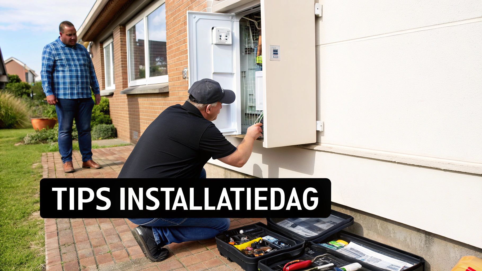 Een technicus installeert een digitale meter aan een huis, terwijl een man toekijkt. Tekst: TIPS INSTALLATIEDAG.