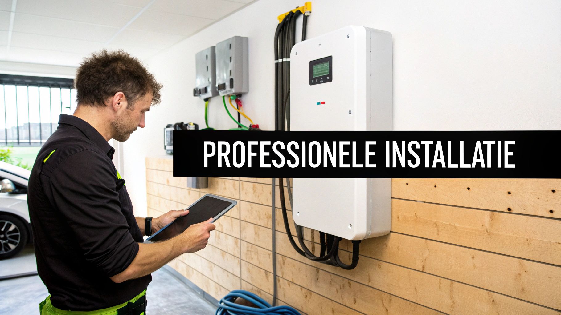 Monteur installeert zonnepanelen omvormers en bekijkt tablet, wat professionaliteit benadrukt.