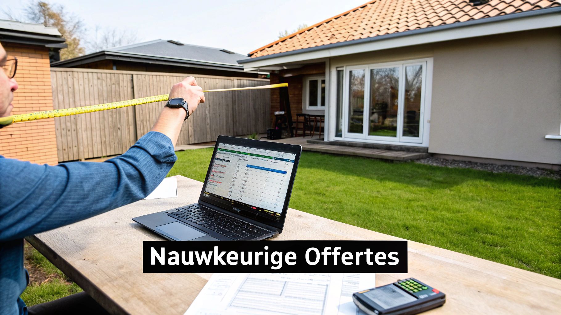 Professionele installateur meet achtertuin en gebruikt laptop voor nauwkeurige offerte zonnepanelen installatie