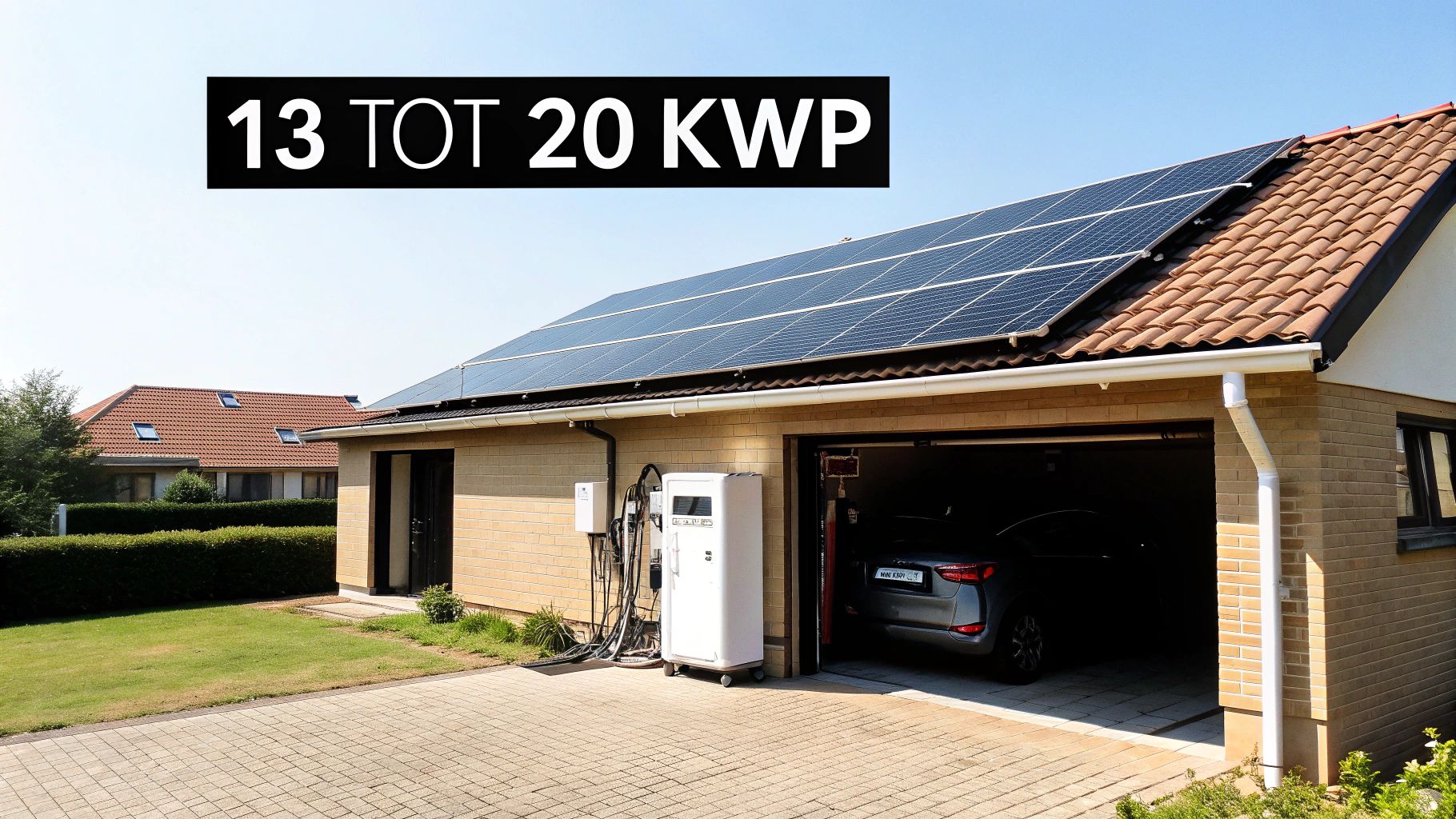 Huis met zonnepanelen op het dak, een thuisbatterij en elektrische laadpaal bij de garage. Tekst: 13 TOT 20 KWP.