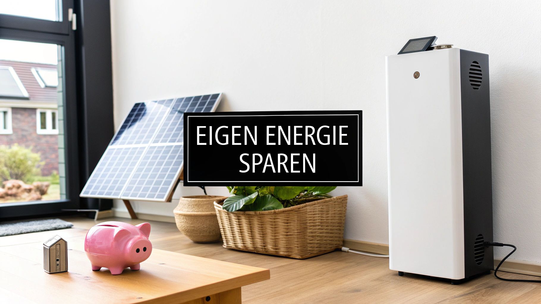 Interieur met zonnepanelen, een thuisbatterij en een spaarvarken, gericht op eigen energie besparen.