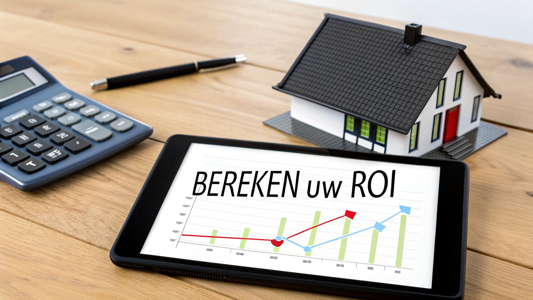 Een tablet met 'BEREKEN uw ROI' en een grafiek, naast een miniatuurhuis, calculator en pen op een houten tafel.