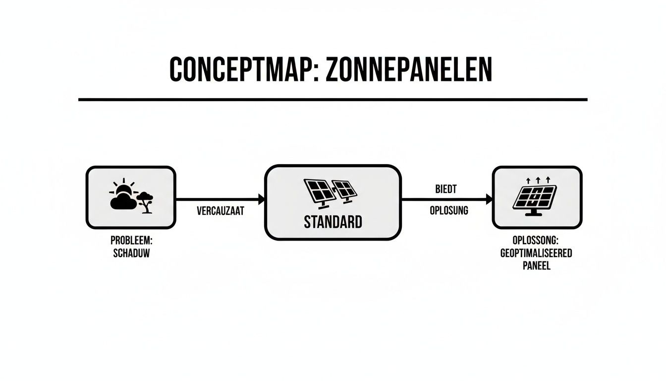 Conceptmap over zonnepanelen, illustreert het probleem van schaduw en de oplossing met geoptimaliseerde panelen.