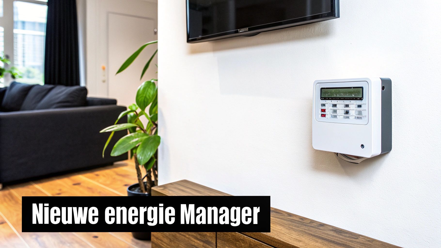 Een moderne woonkamer met een nieuw energiebeheersysteem aan de muur, naast een bank en plant.