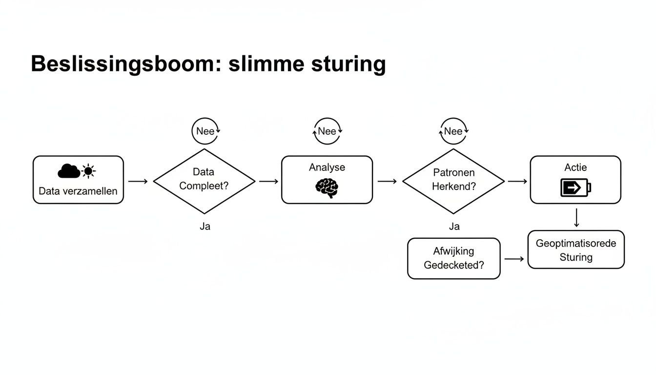 Stroomschema van een beslissingsboom voor slimme sturing, inclusief dataverzameling, analyse en geoptimaliseerde acties.