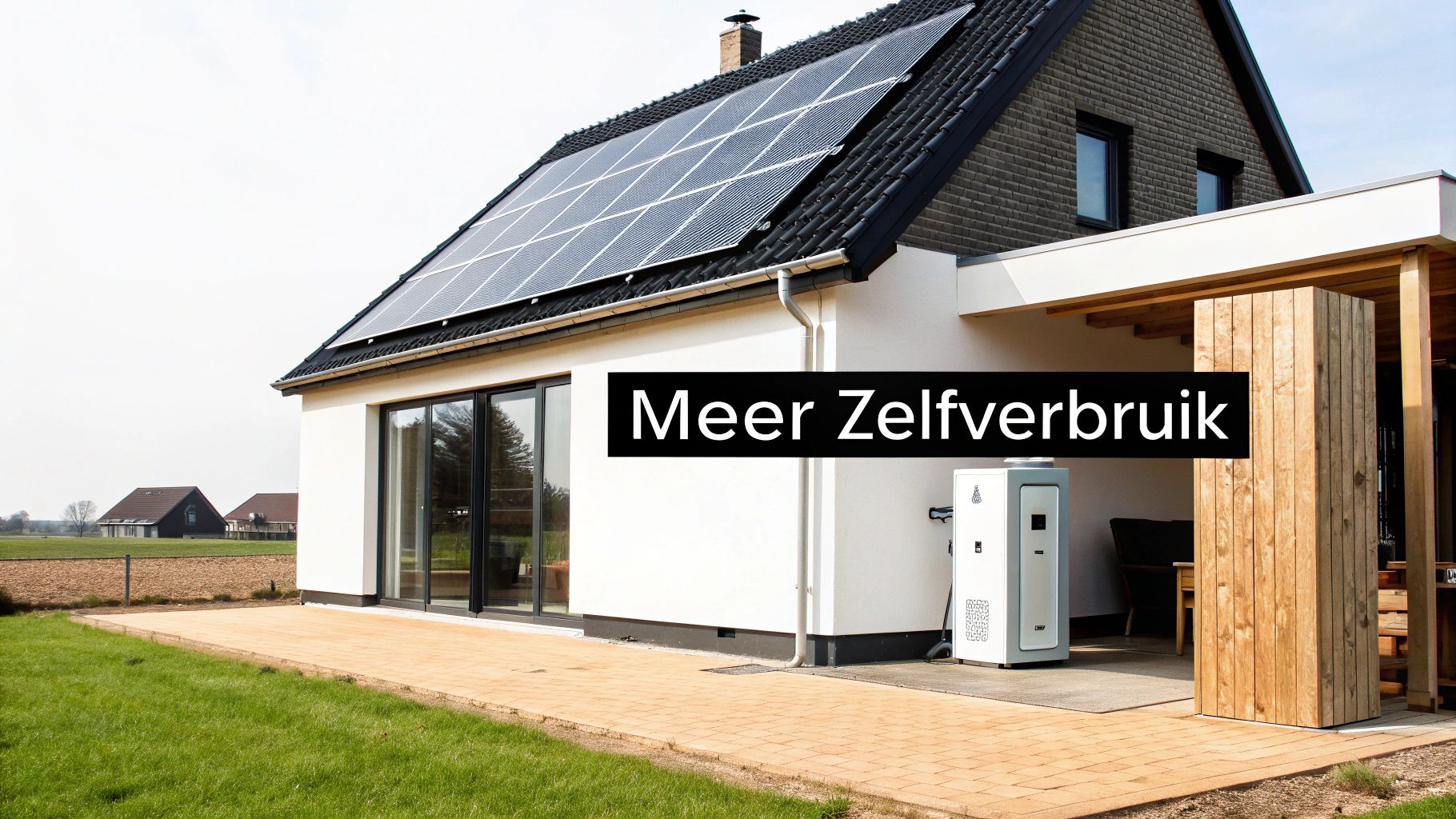 Een modern huis met zonnepanelen op het dak, een Enphase thuisbatterij en een zonnig terras.
