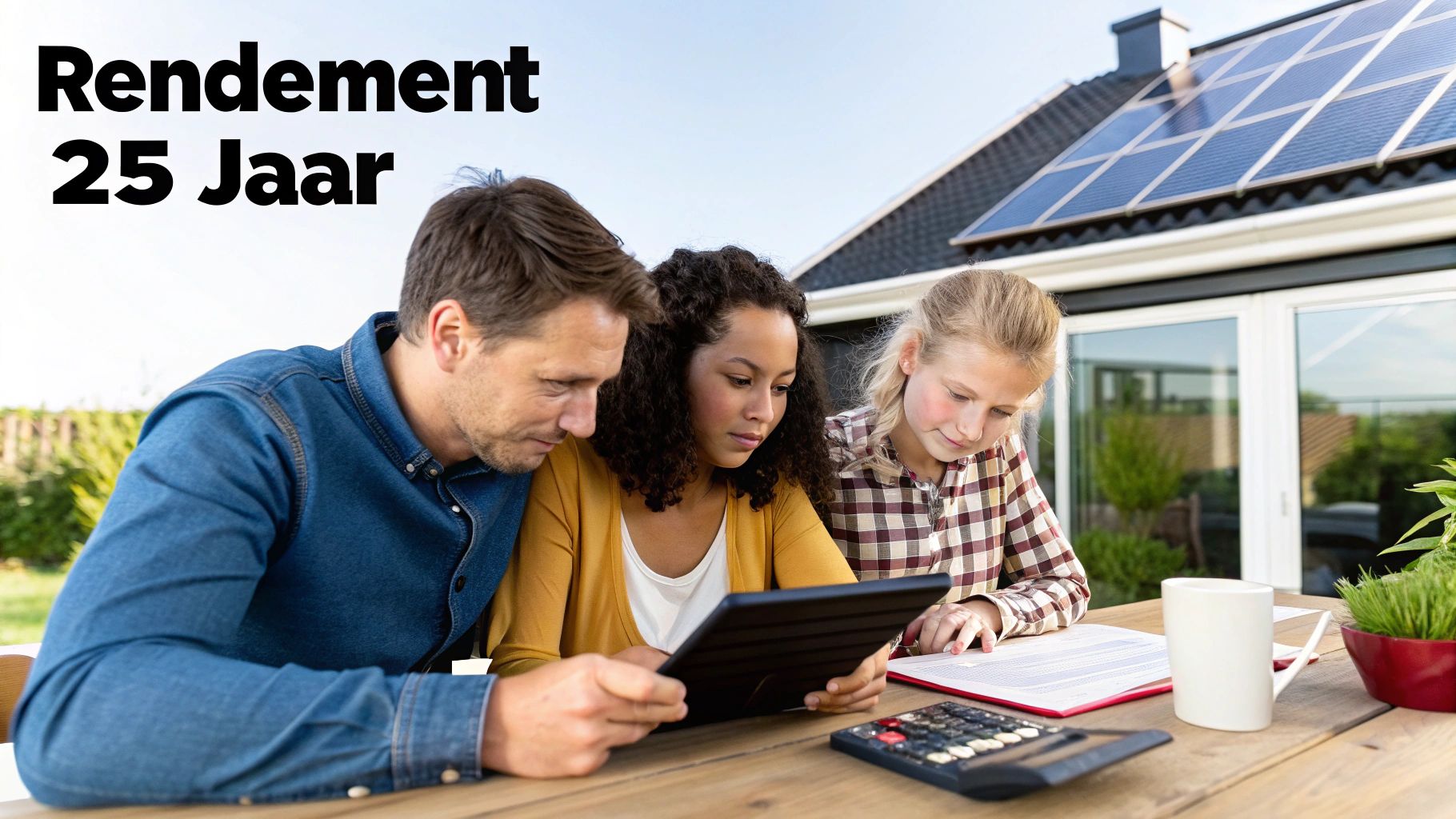 Gezin plant financiën met tablet en documenten bij een huis met zonnepanelen op het dak.