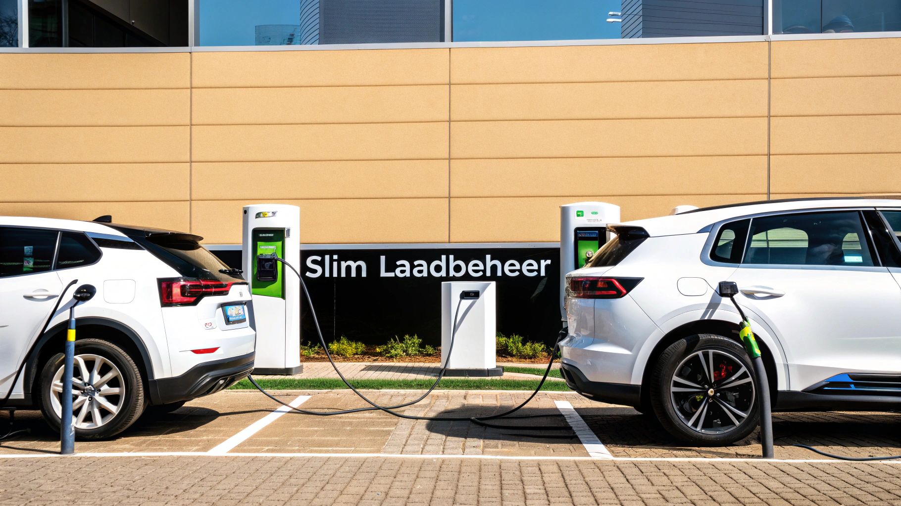 Twee witte elektrische auto's laden op bij laadpalen voor een gebouw met de tekst "Slim Laadbeheer".