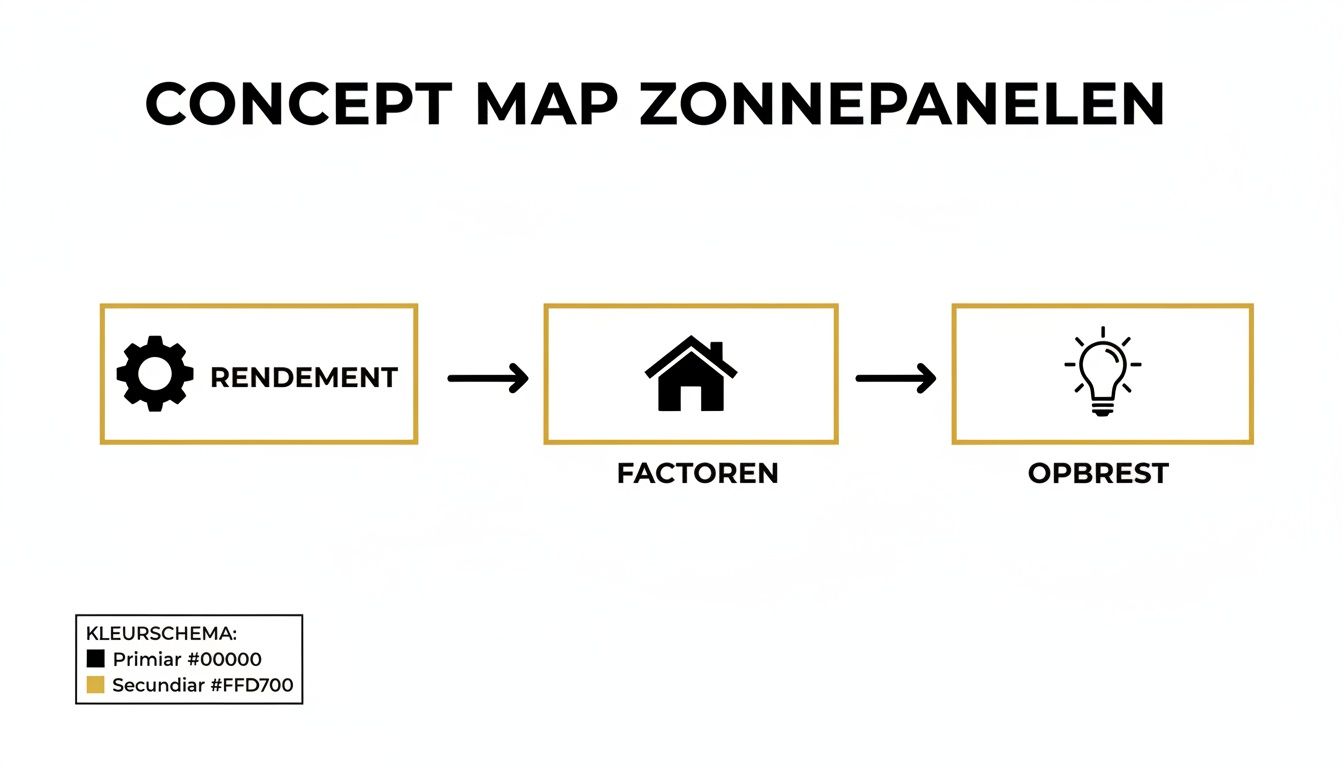 Conceptkaart over zonnepanelen, toont de relatie tussen rendement, factoren en opbrengst met iconen en tekst.