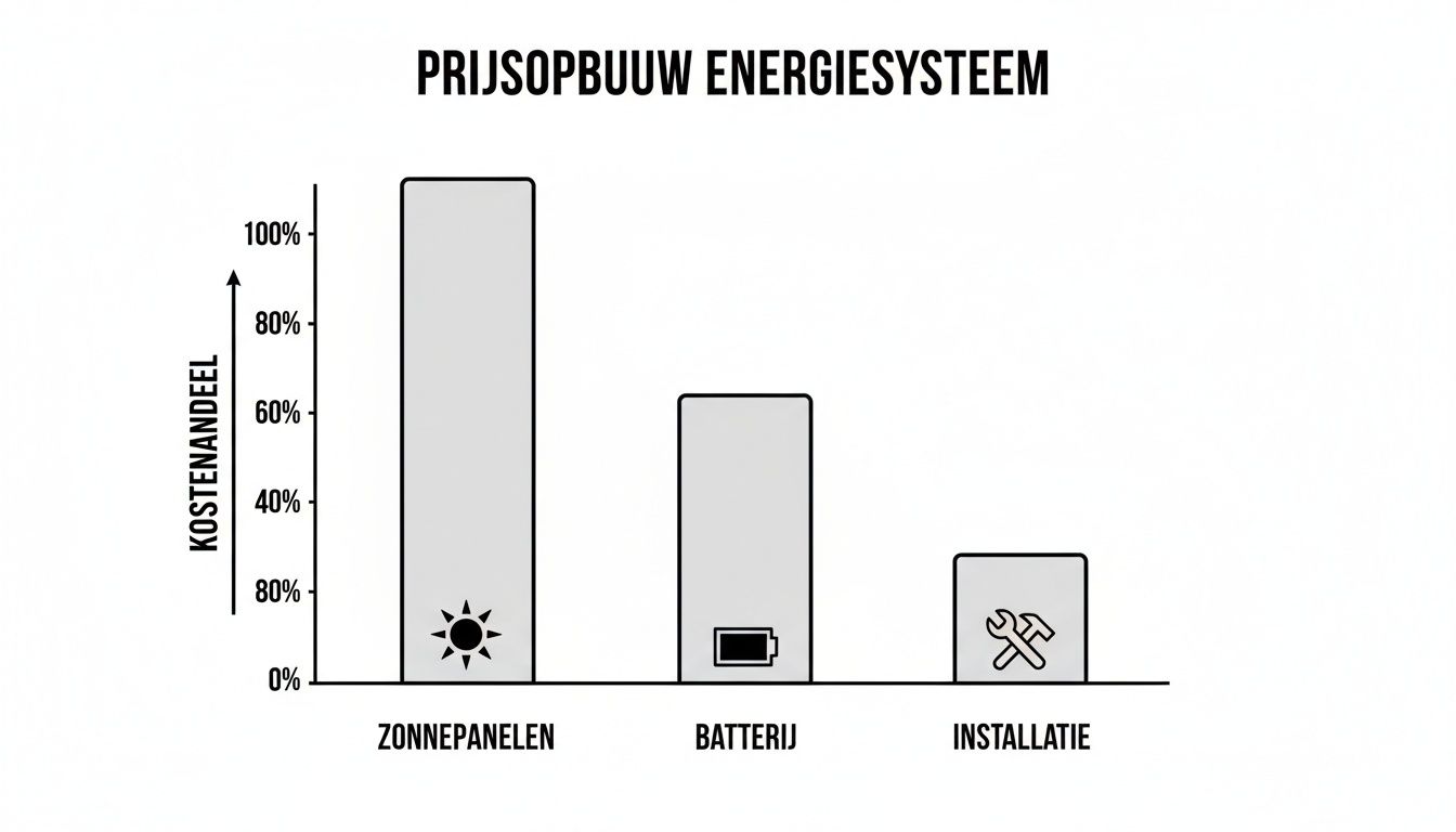 Staafdiagram toont de kostenverdeling van een energiesysteem met zonnepanelen, batterij en installatie.