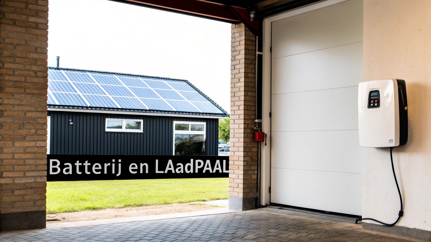 Energiezuinig huis met zonnepanelen op het dak en een laadpaal in de garage.