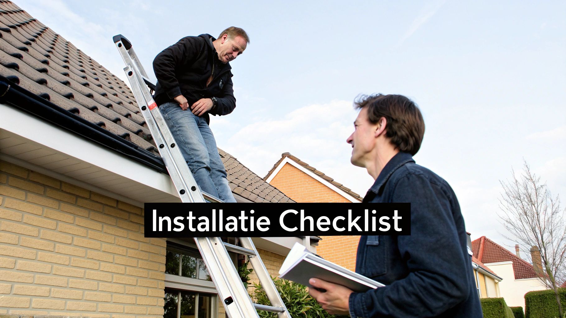 Twee mannen bij een huis, één op een ladder bij het dak, de ander met een checklist, bespreken de installatie.