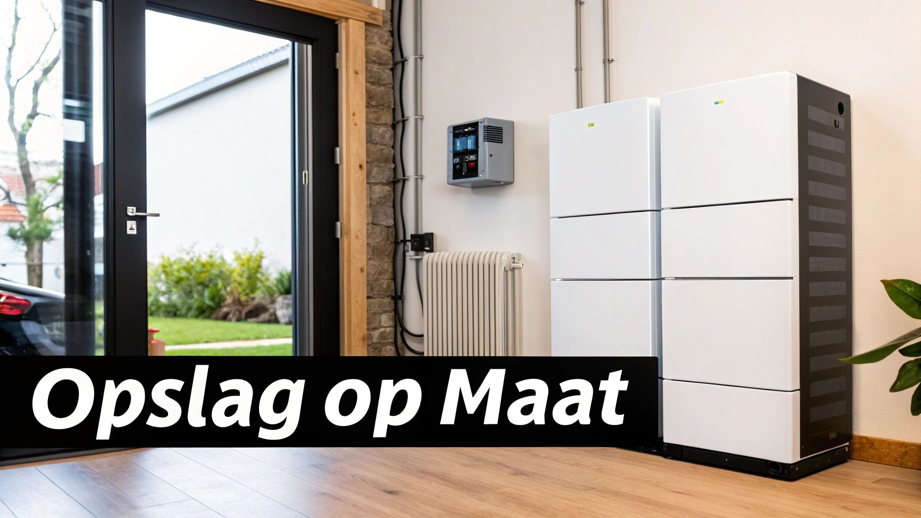 Twee witte energieopslagsystemen en een bedieningspaneel aan de muur, met een open deur naar een tuin.
