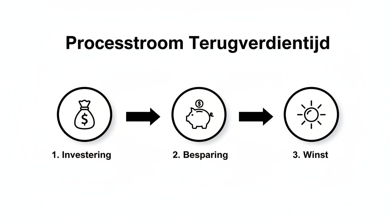 Een processtroomdiagram over de terugverdientijd, met stappen: investering (geldbuidel), besparing (spaarvarken) en winst (zon).