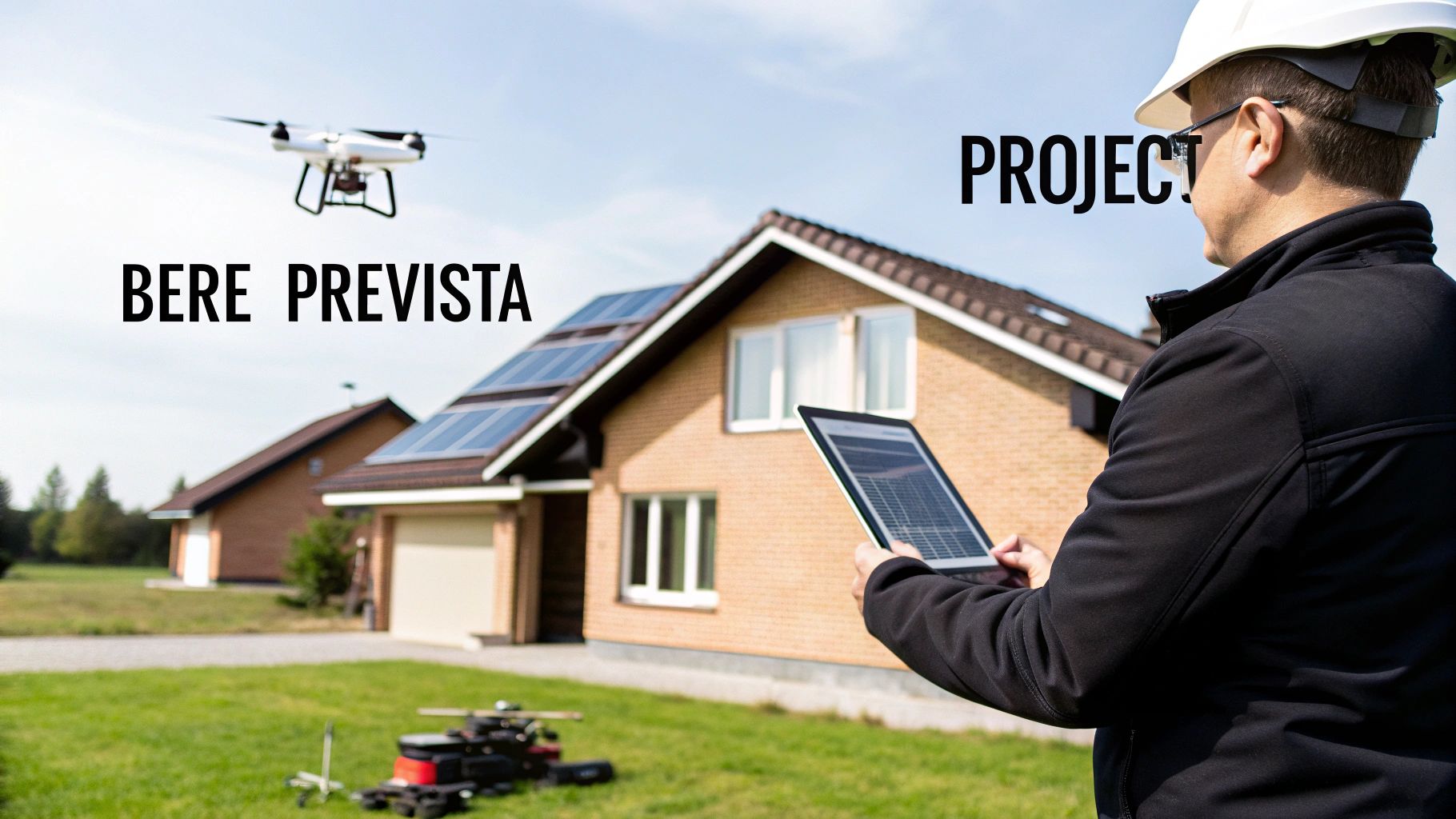 Een man met veiligheidshelm kijkt naar een tablet terwijl een drone boven een huis met zonnepanelen vliegt.