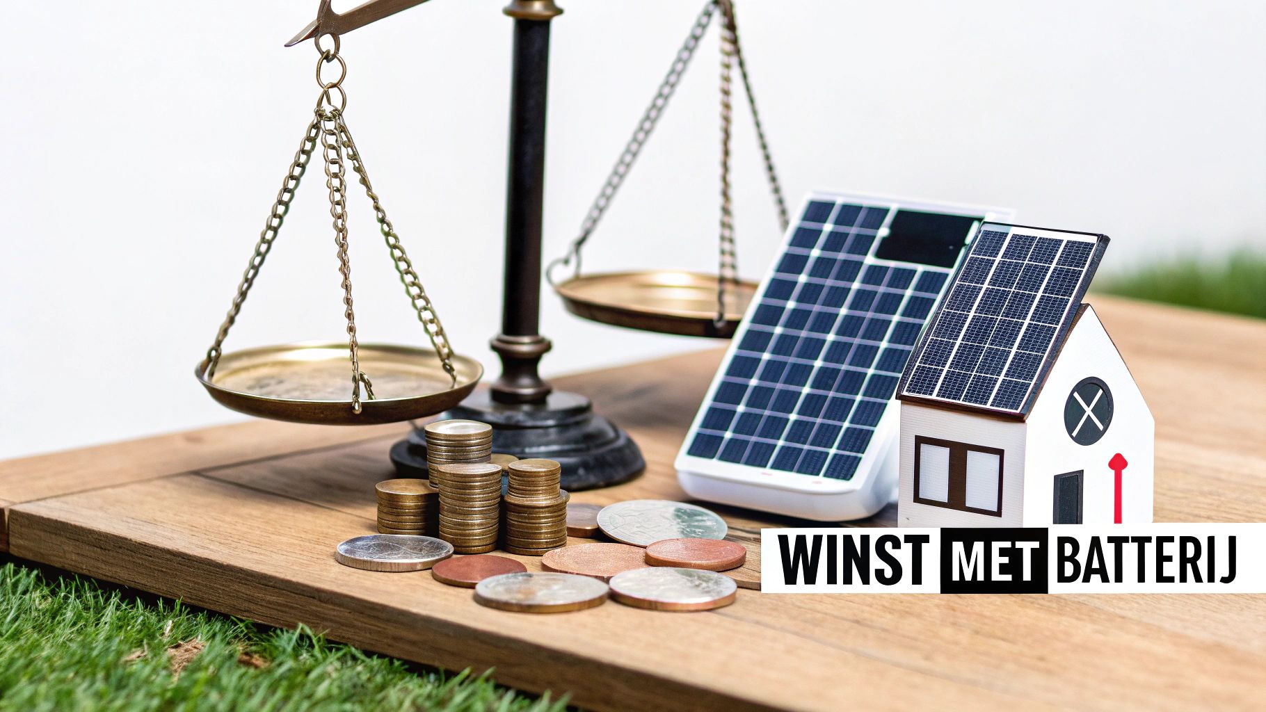 Een weegschaal, munten en een huis met zonnepanelen, met de tekst 'Winst met batterij', symboliseren energiebesparing.