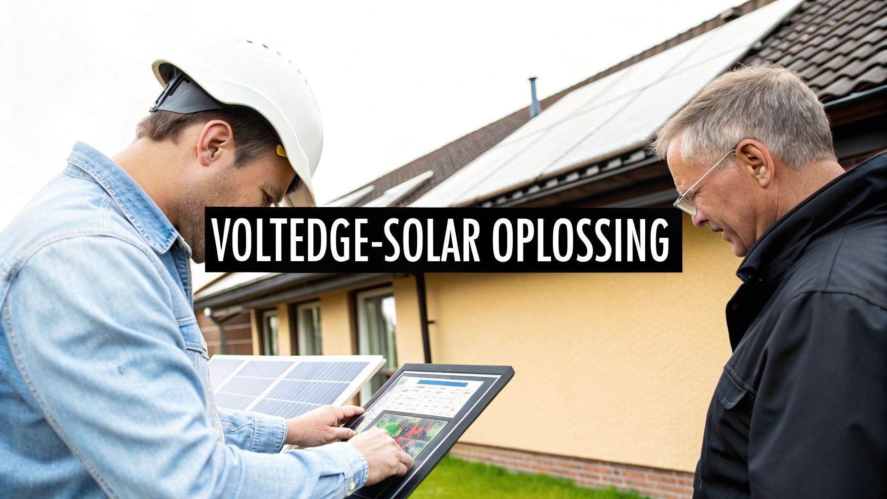 Twee mannen bespreken zonne-energie bij een huis met zonnepanelen op het dak. De technicus toont details op een tablet.