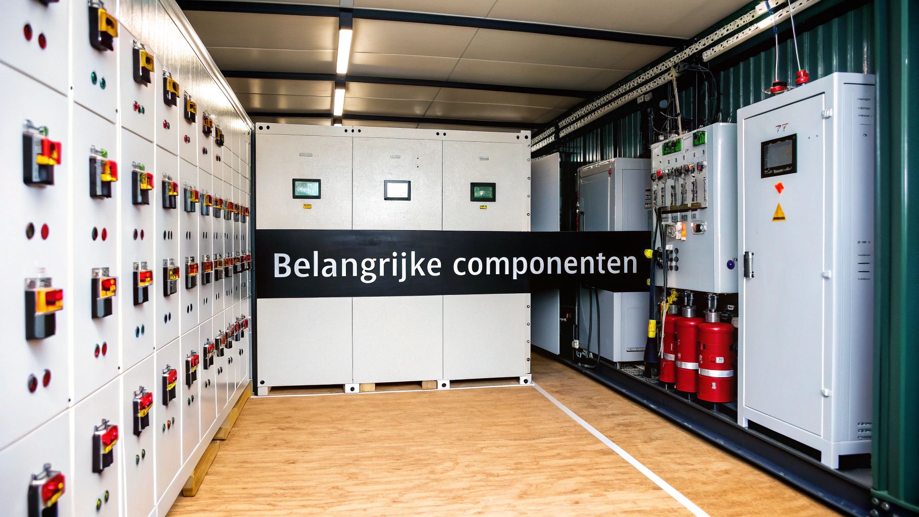Technische ruimte met rijen elektrische schakelkasten, besturingspanelen en rode brandblussers.