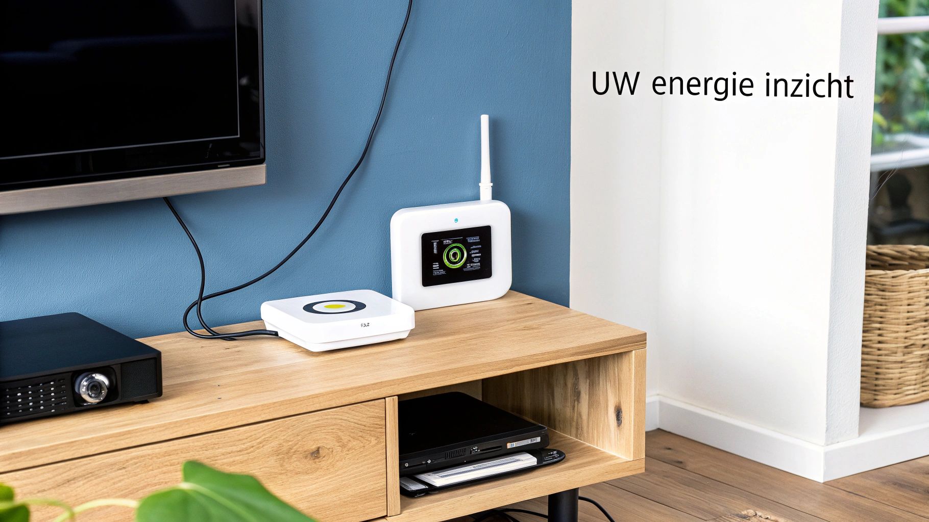Witte energie monitoring apparaten op een houten tv-meubel onder een tv met de tekst 'UW energie inzicht'.
