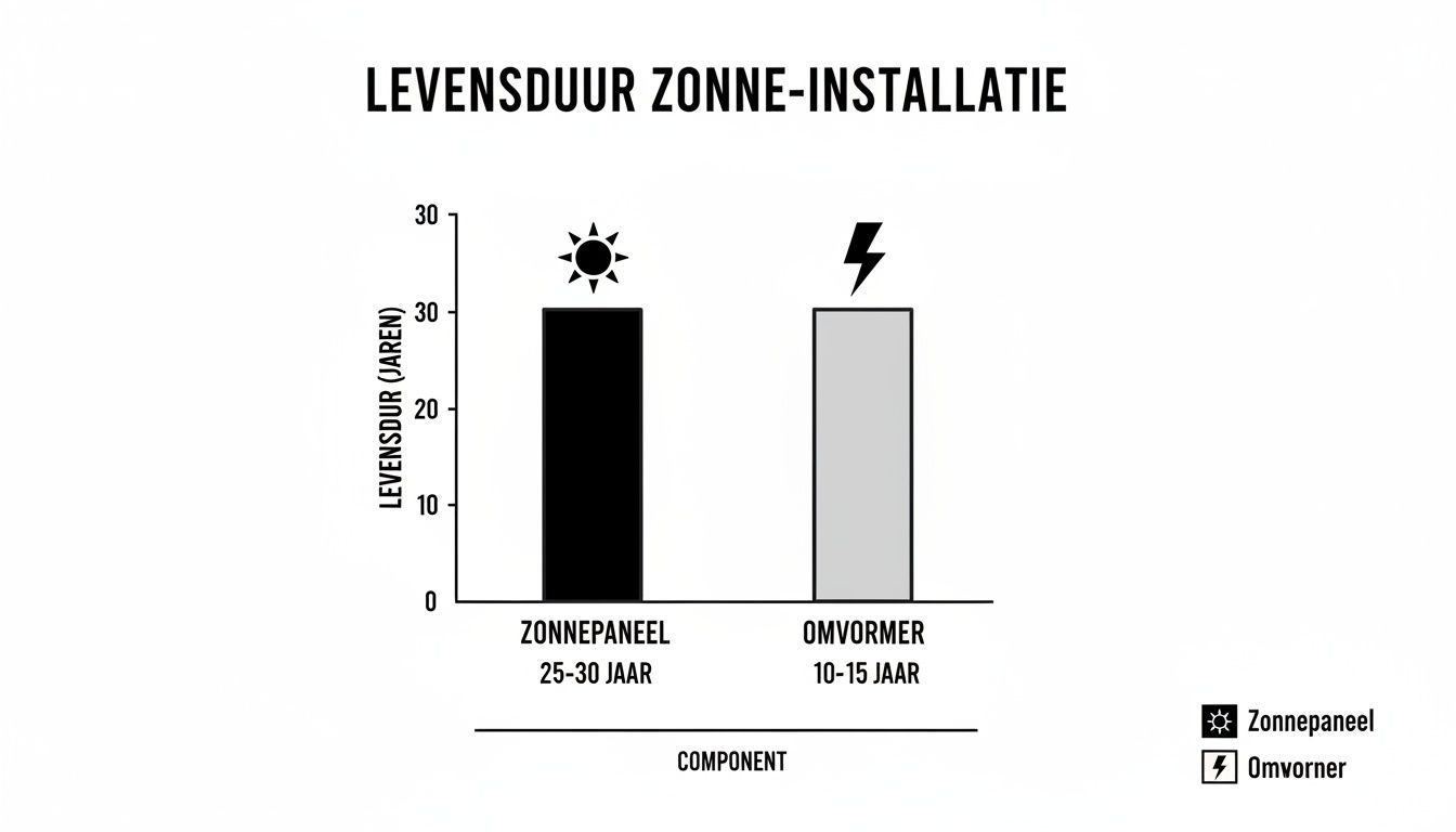Staafdiagram toont de levensduur van zonnepaneel (25-30 jaar) en omvormer (10-15 jaar) in jaren.