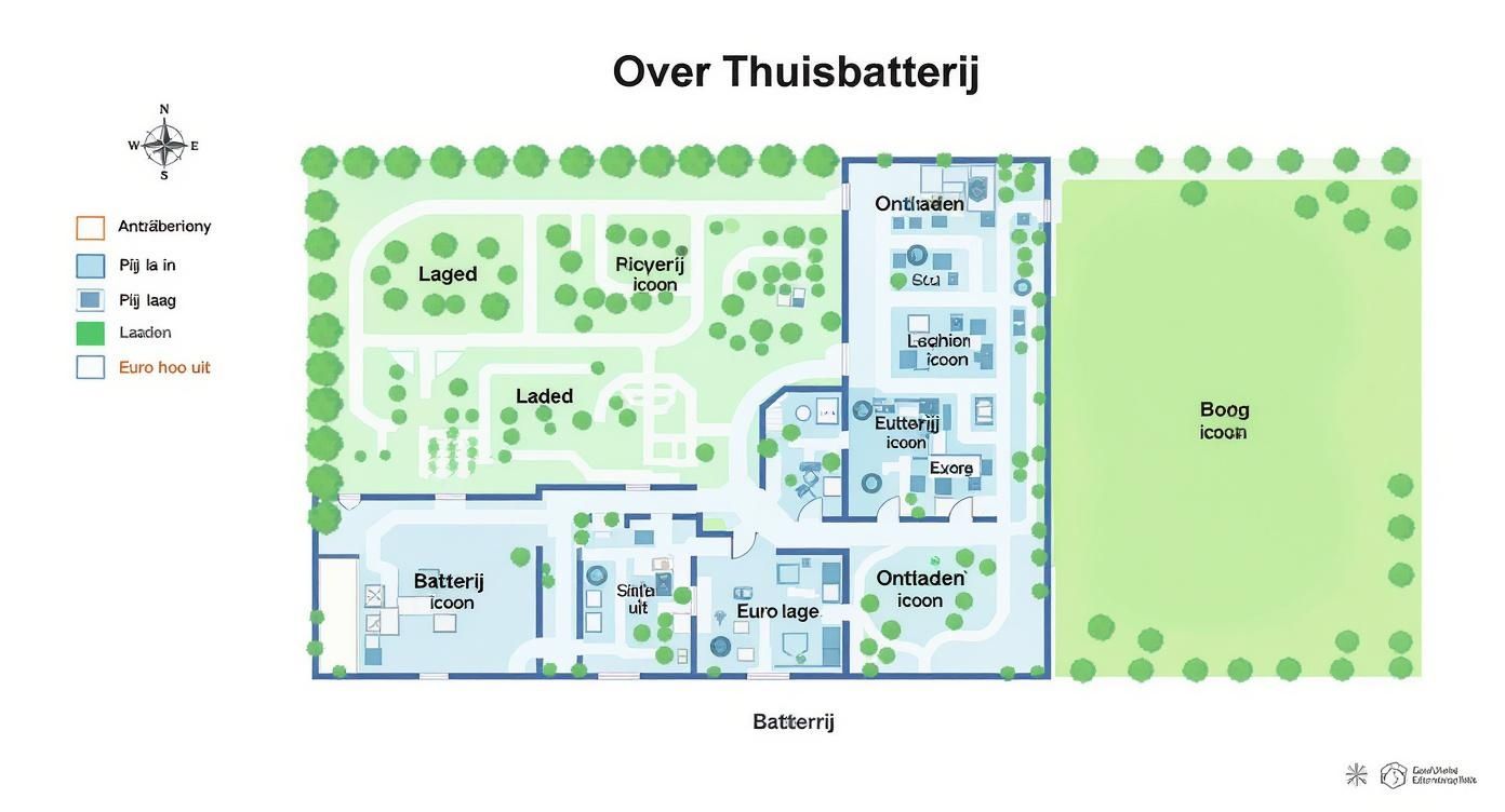 Diagram van een huis met een thuisbatterij, de energiestroom en verschillende functies binnen een smart grid.