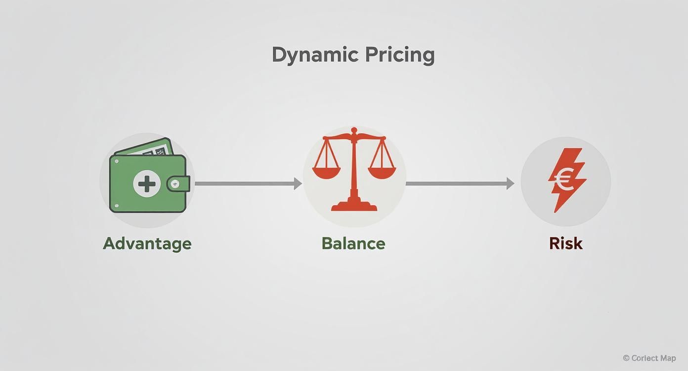 Dynamische prijsstelling illustratie met wallet voordeel, weegschaal balans en energiebout risico symbolen