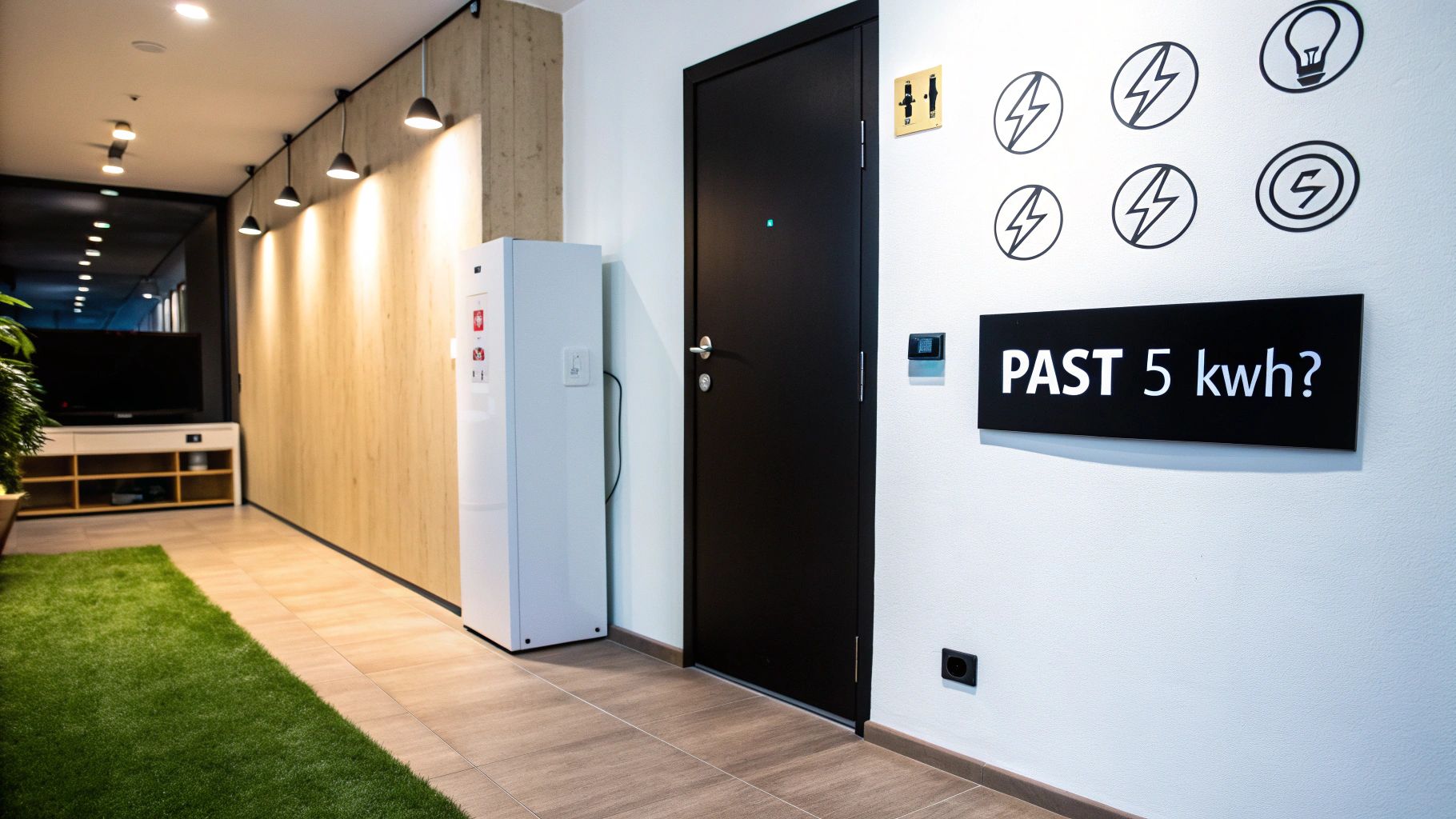 Moderne gang met een wit energie-apparaat, donkere deur, en display die 'PAST 5 kwh?' toont, omgeven door elektriciteitssymbolen.
